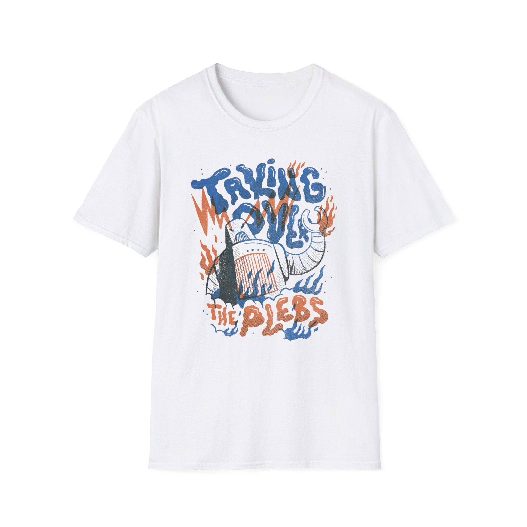 This trendy Taking Over the Pless T-Shirt features a cartoon character in a flaming knight helmet with the bold text "TAKING OVER THE PLEBS." Ideal for comfort and style, it's perfect for making a statement.