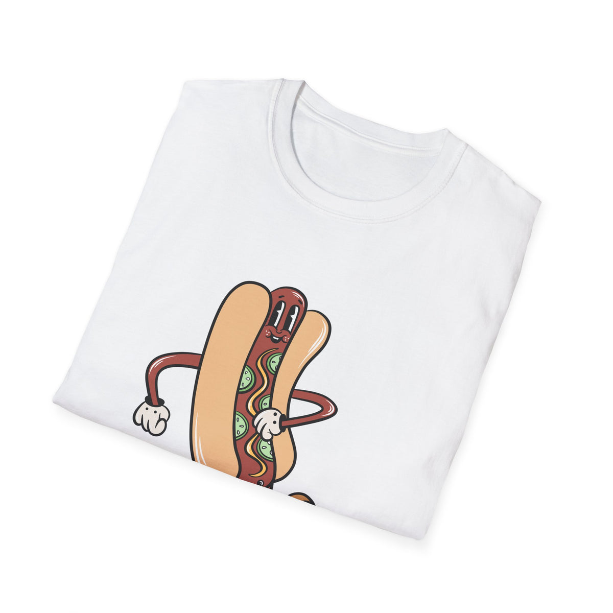 Hotdog Cartoon t-shirt in white, folded flat lay showing front print, funny foodie gift