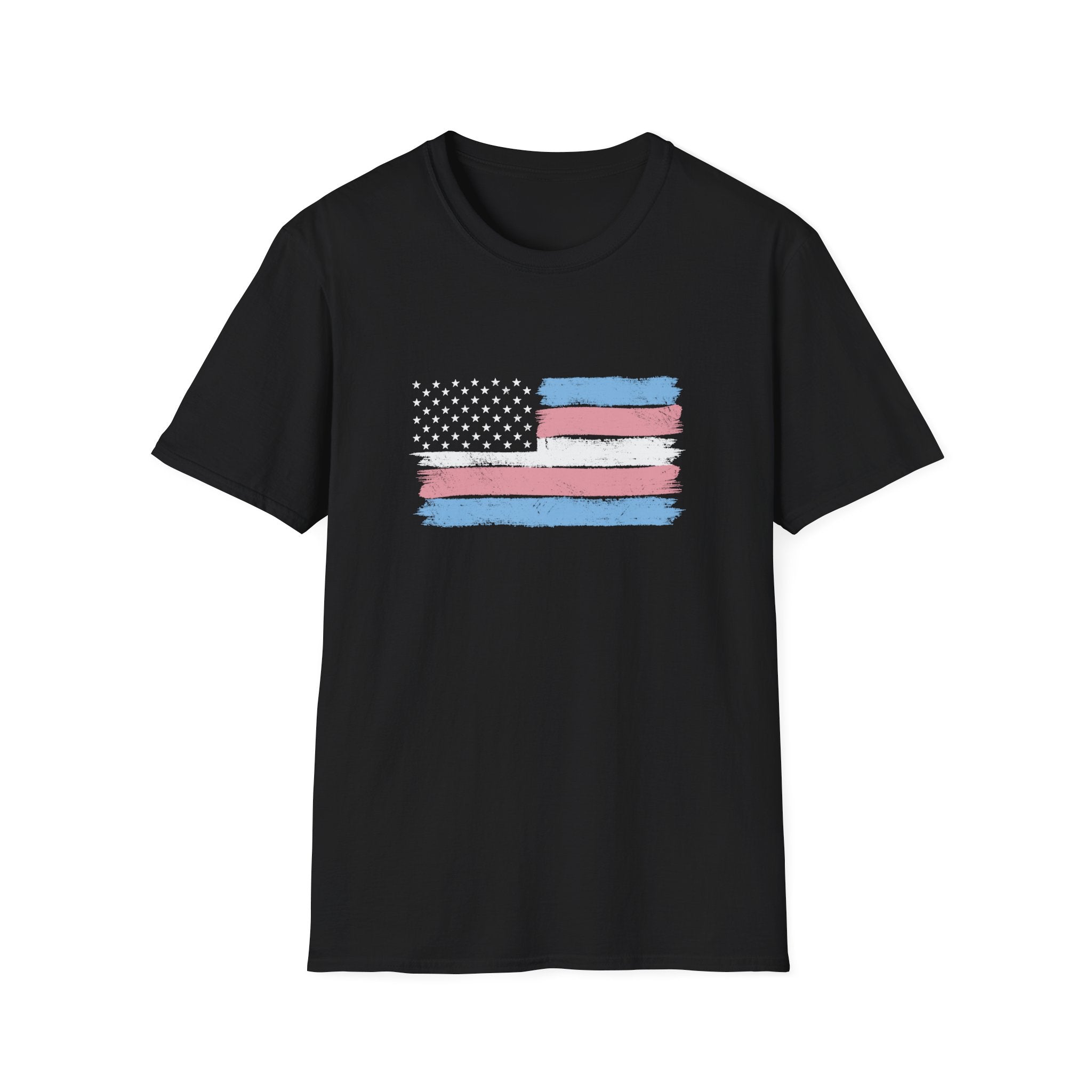 The Pride T-Shirt is a black top with a stylized American flag in transgender pride colors, ideal for those who celebrate nerdy fashion and personal expression.