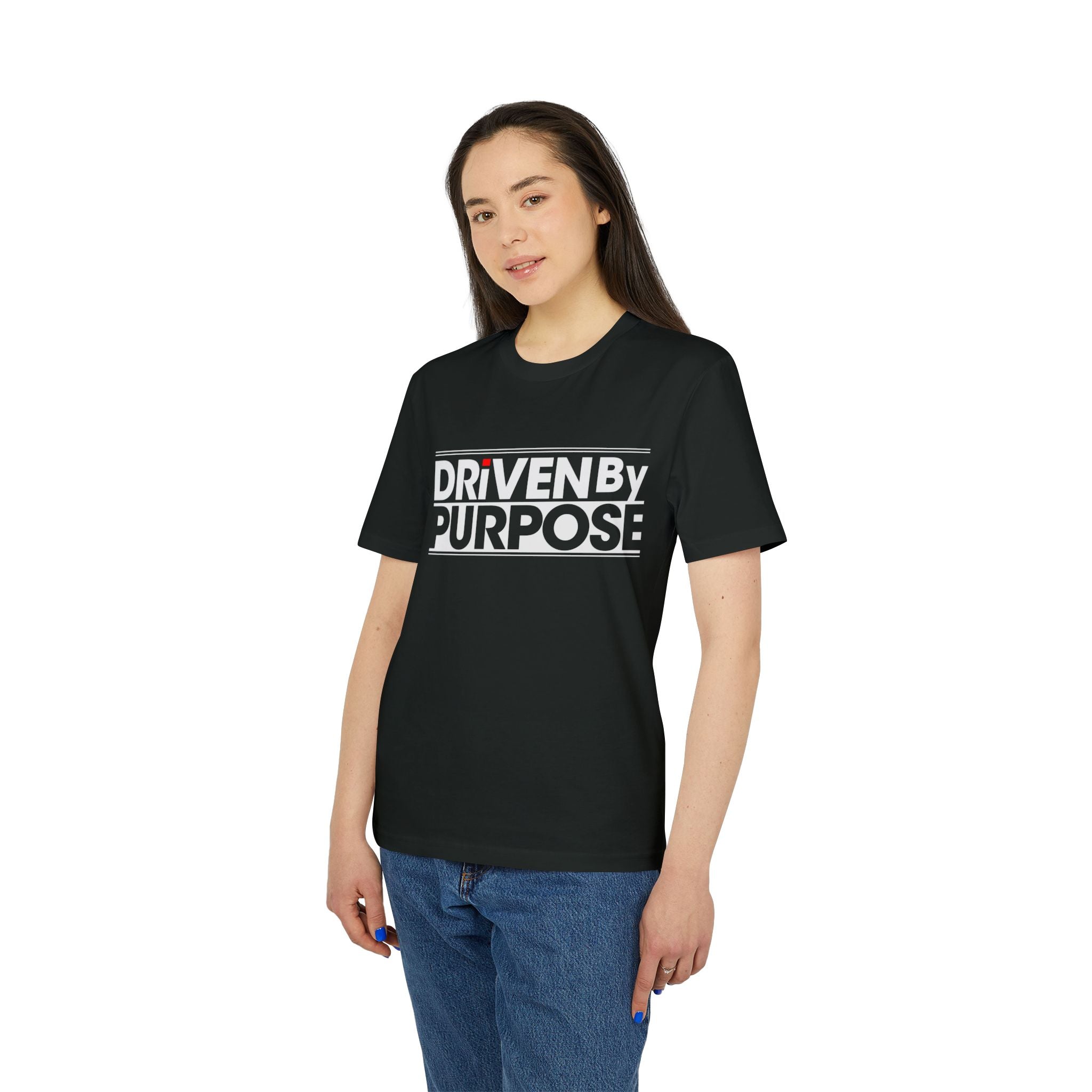A person wears the "Driven by purpose - Organic T-Shirt," an eco-friendly tee made from organic cotton with "DRIVEN BY PURPOSE" in bold white letters, standing against a plain background.