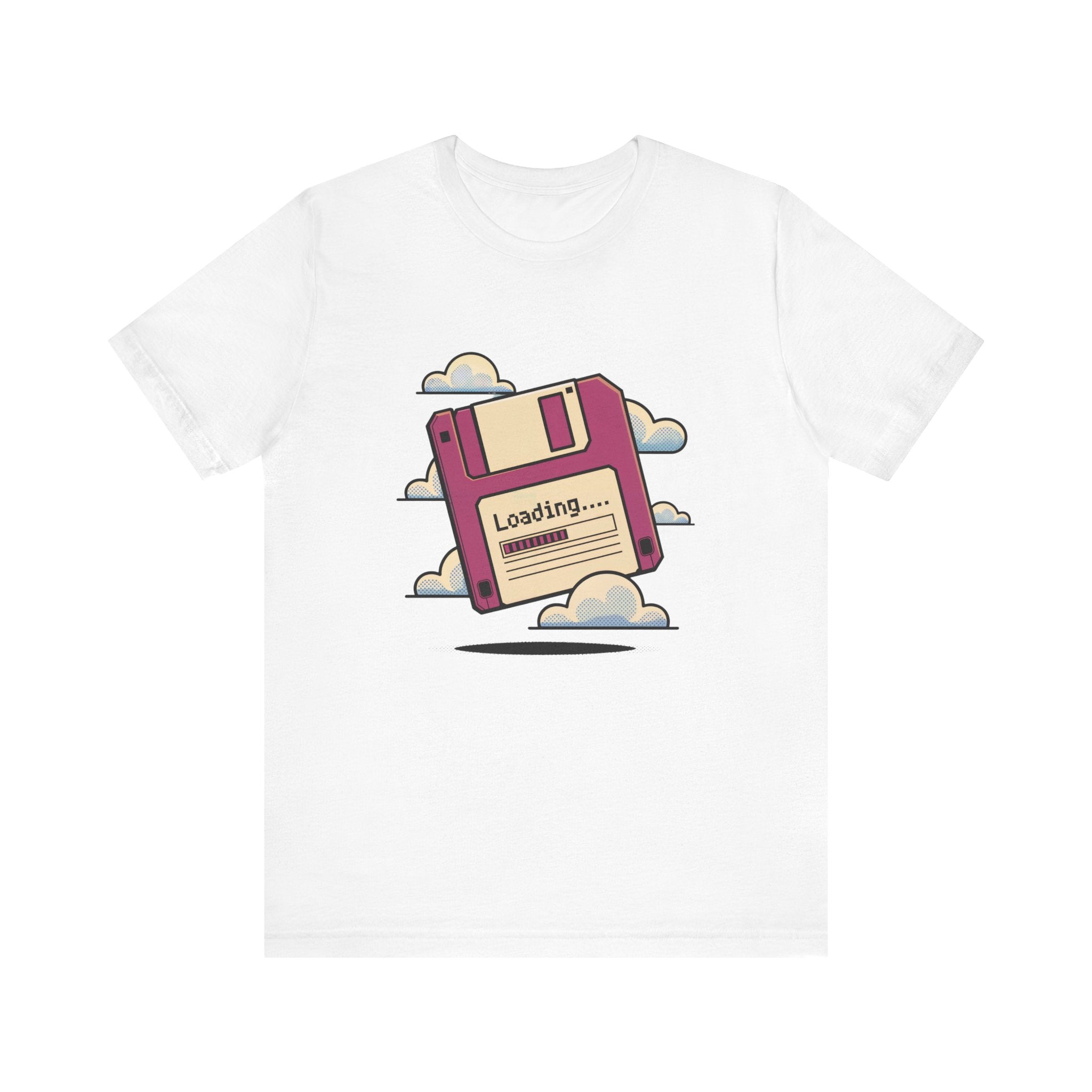 The Floppy disk -T Shirt is a white cosmos tee with a floppy disk and "Loading..." text amid clouds. Made from soft cotton, it features tapered shoulders for a comfortable fit.