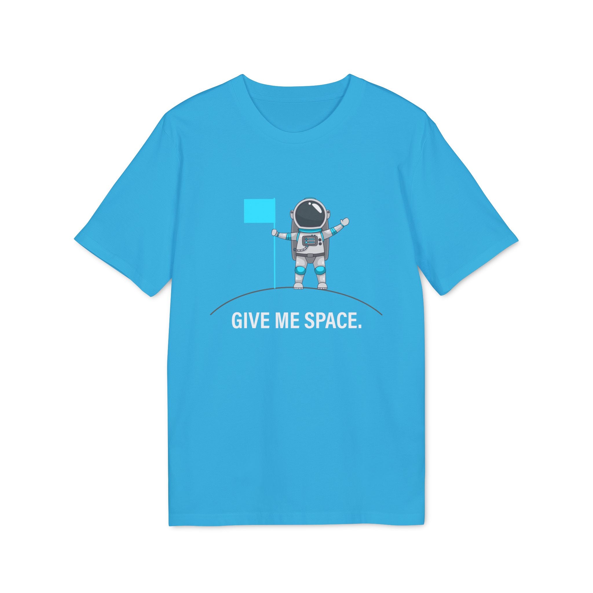 Give Me Space - Organic T-Shirt: Blue organic cotton shirt with a cartoon astronaut holding a flag on a curve, "GIVE ME SPACE." printed below—a perfect nerdy tee for space fans.