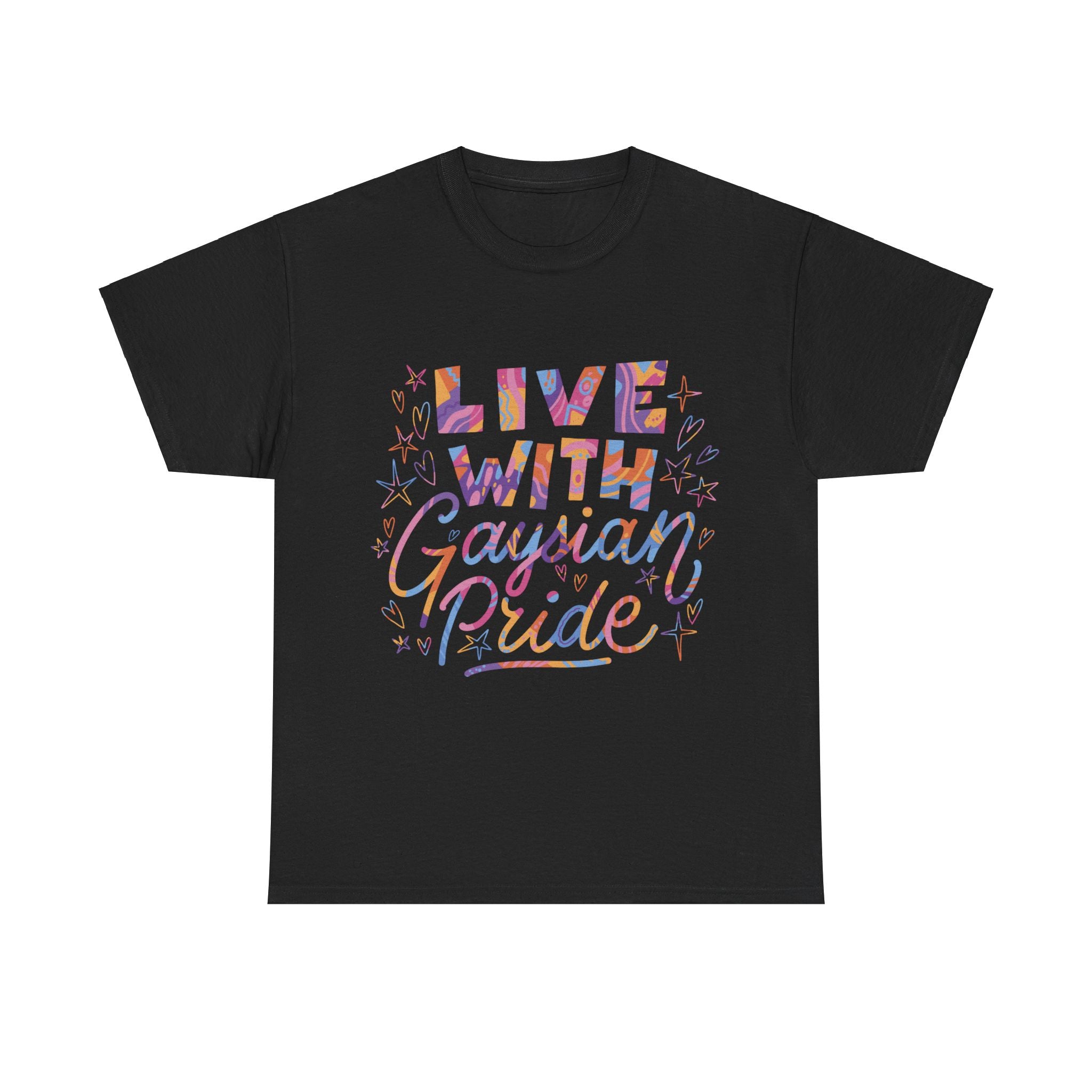 The "Live With Gaydian Pride T-Shirt" is a black shirt with vibrant text that reads "Live with Gay Asian Pride," adorned with stars and hearts—ideal for nerd culture fans who enjoy expressing their identity proudly.