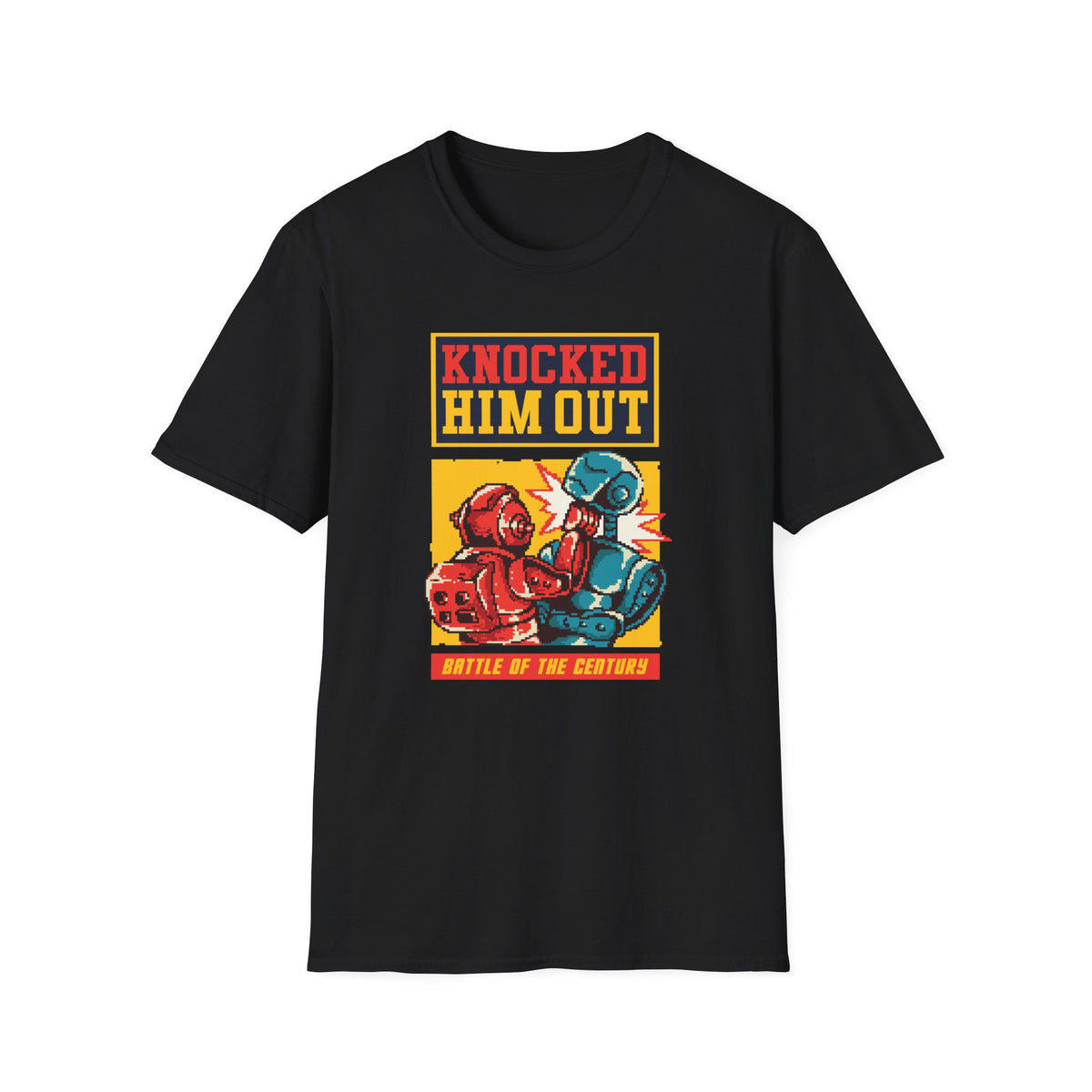 "Knocked Him Out" robot boxing t-shirt in black, man wearing it, funny retro arcade graphic tee