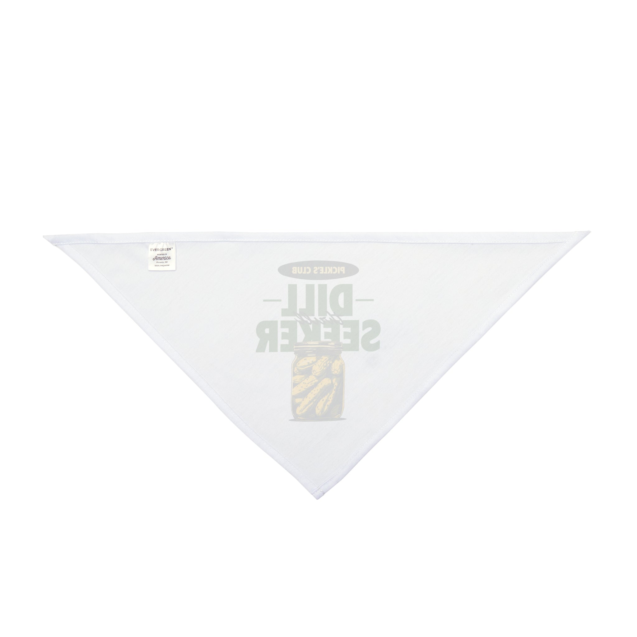 The Dill Seeker - Pet Bandana is a white triangular accessory with a printed label and jar of pickles image, displaying "PICKLE CLUB DILL SEEKER"—ideal for quirky style and geek chic pet fashion.
