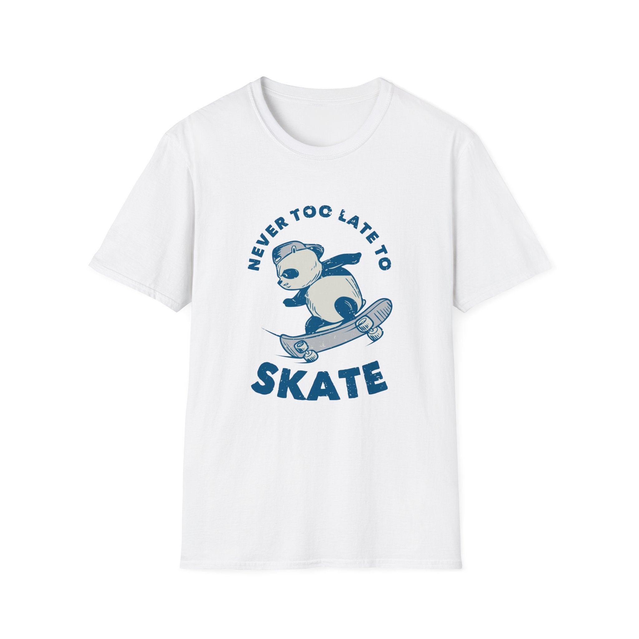 The "Never Too Late to Skate" T-Shirt features a whimsical illustration of a panda on a skateboard, perfectly capturing the passion of daily skateboarding enthusiasts.