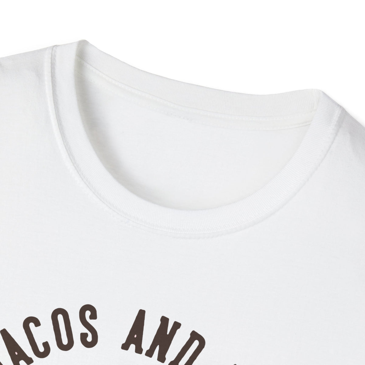 Close-up of 'Feed Me Tacos and Tell Me I'm Pretty' t-shirt text in white, funny taco graphic tee