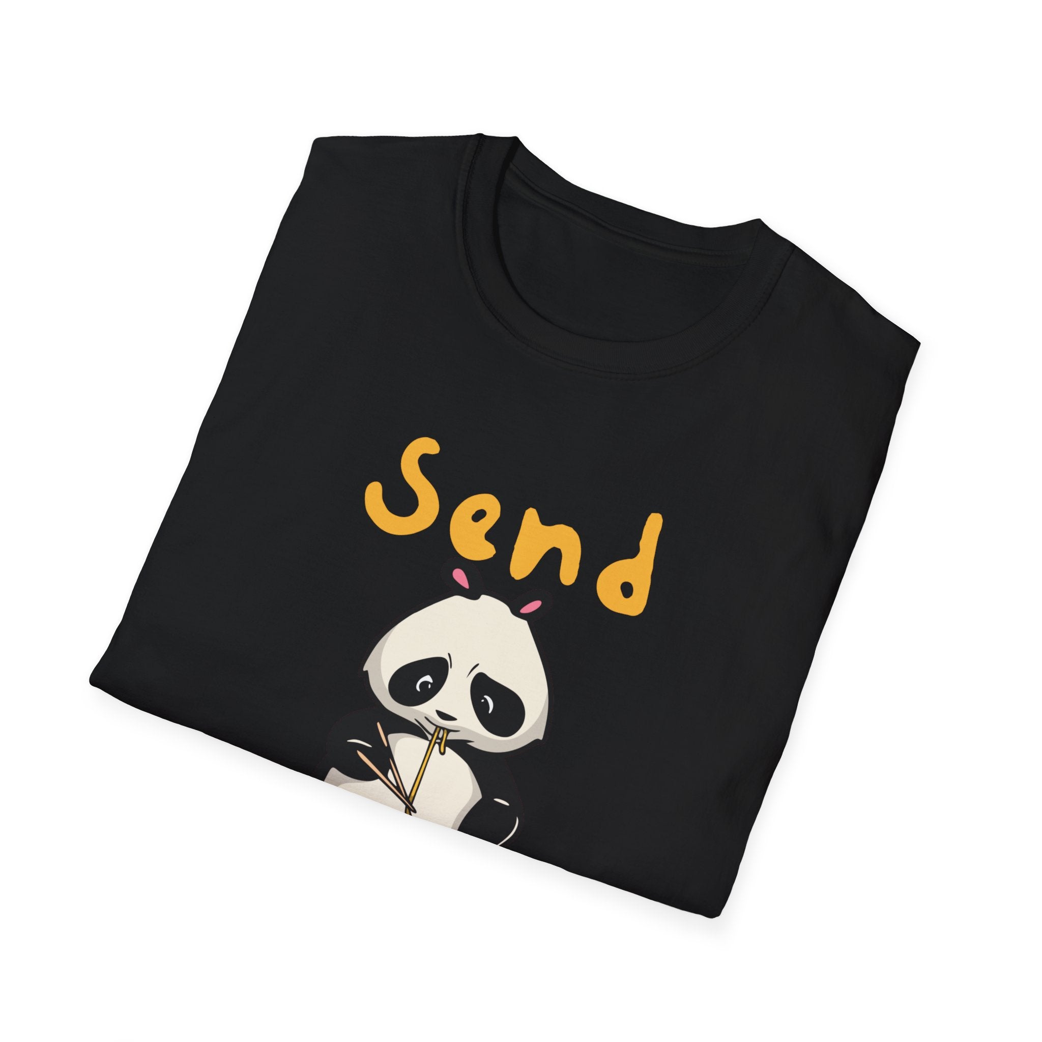This trendy outfit showcases the Send Noods T-Shirt, adorned with a folded black tee featuring a cartoon panda holding chopsticks and the humorous phrase "Send Noods" above it.