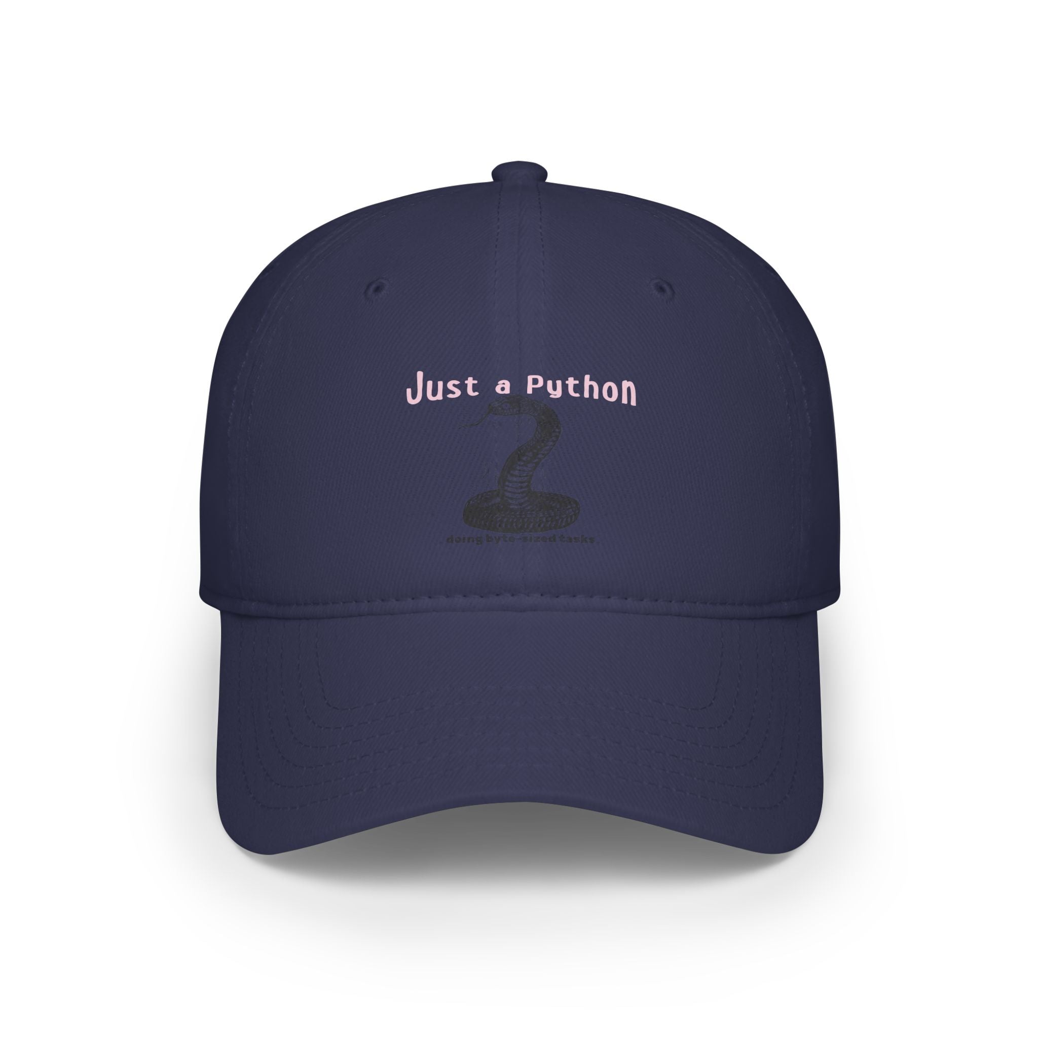 The "Just a Python - Hat" is a navy blue baseball cap featuring "Just a Python" text and a coiled snake illustration—perfect for fans of nerdy apparel.
