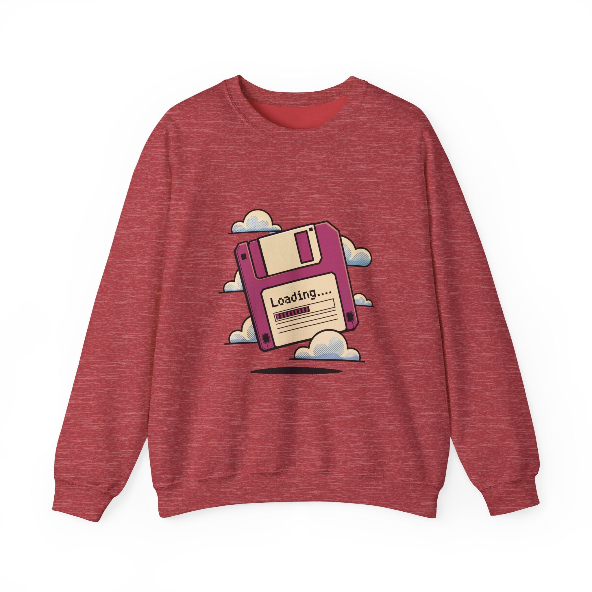 The Floppy disk - Sweatshirt is a geek chic red heavyweight cotton sweatshirt with a "Loading..." floppy disk graphic surrounded by clouds.