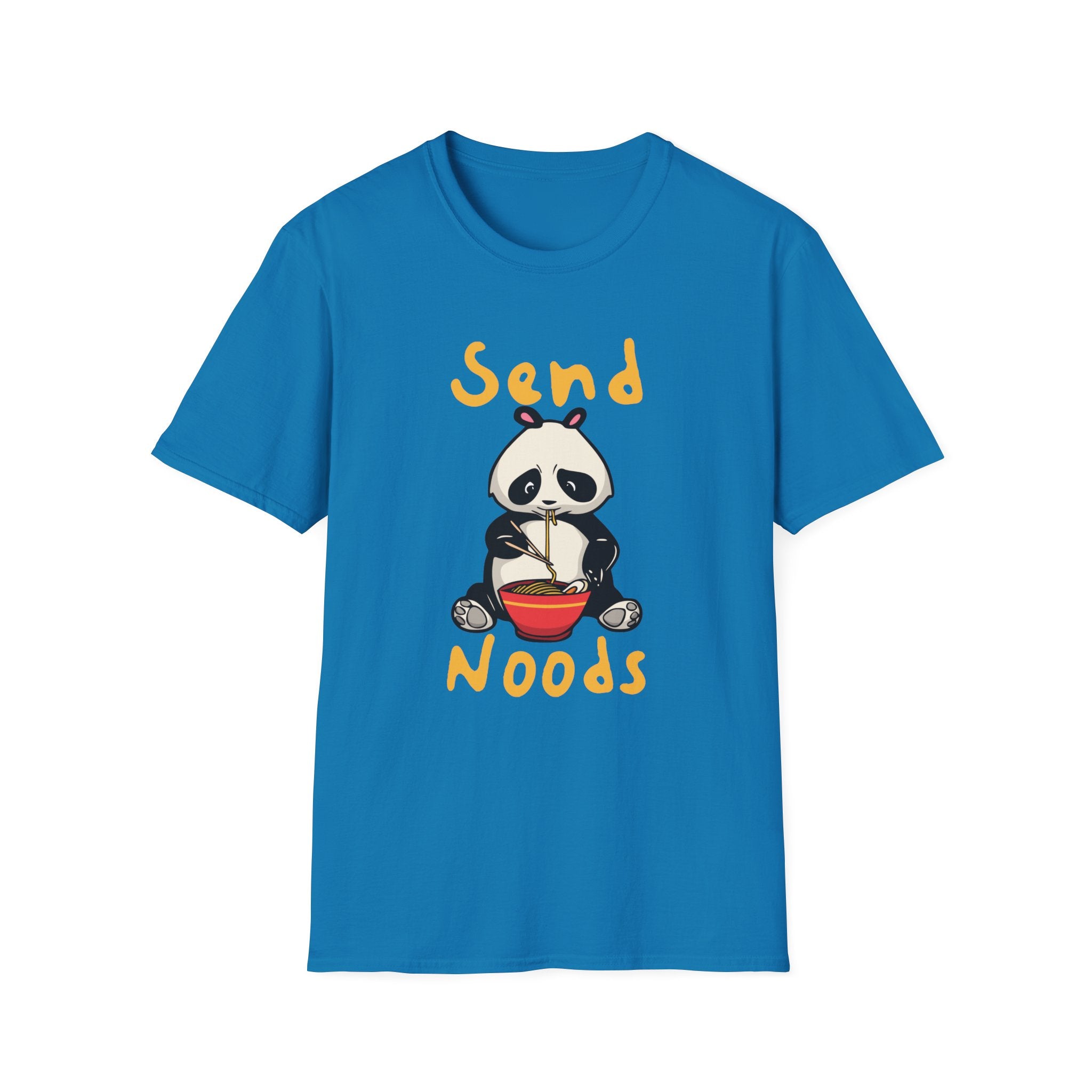 Trendy Send Noods T-Shirt in a stylish blue, showcasing a cartoon panda enjoying noodles with the humorous phrase "Send Noods," perfect for adding a playful touch to your wardrobe.