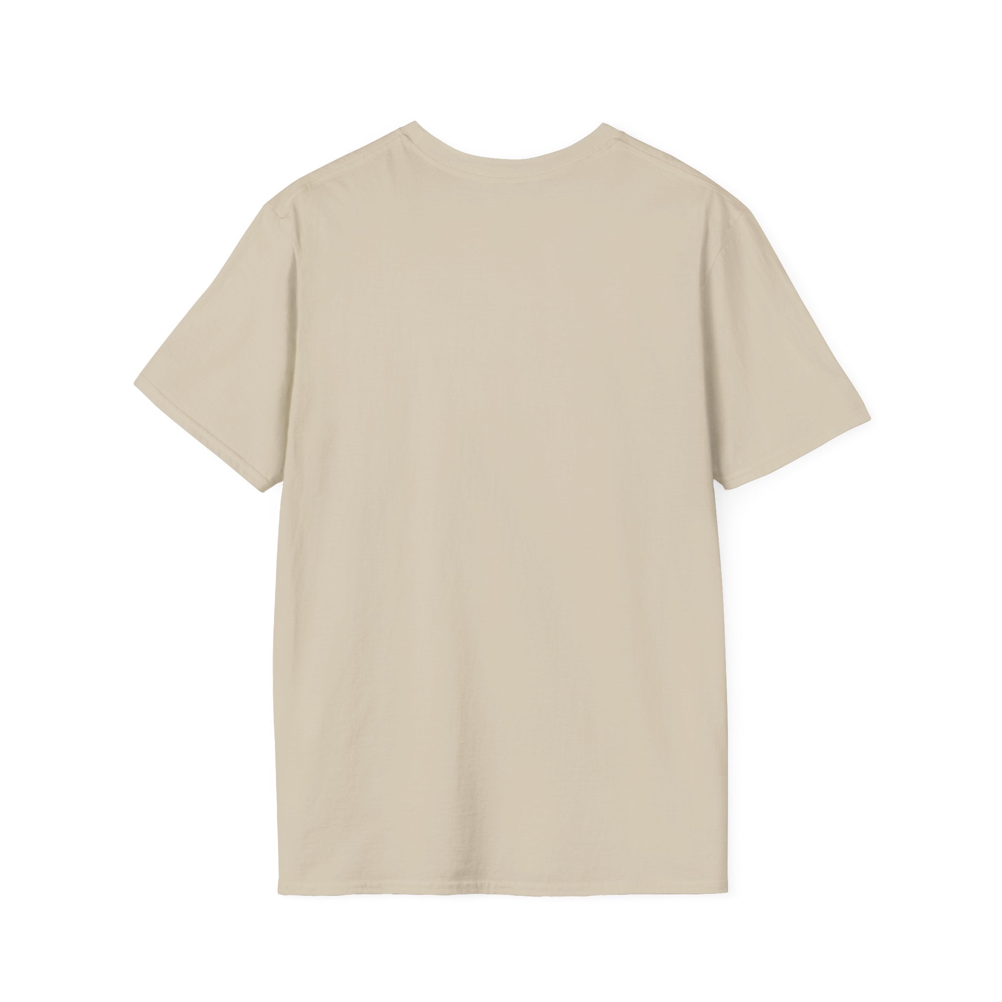 A "Send Noods" T-shirt, showcasing a fashionable fit in plain beige, is displayed on a white background. The short-sleeved T-shirt is viewed from the back.