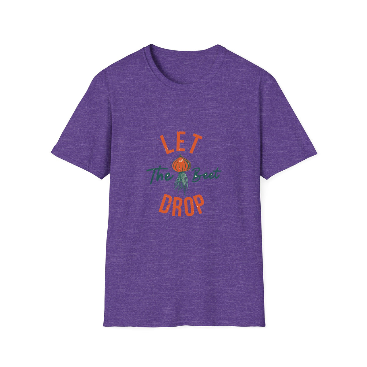 'Let the Beet Drop' funny beet pun t-shirt in heather purple, gift for gardeners and foodies