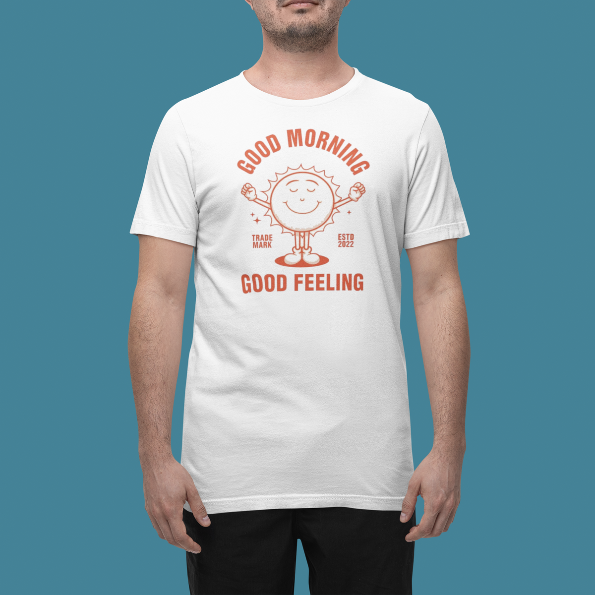 'Good Morning Good Feelings' t-shirt in white, man wearing it in a studio, T-Shirt mockup, Geekpsters