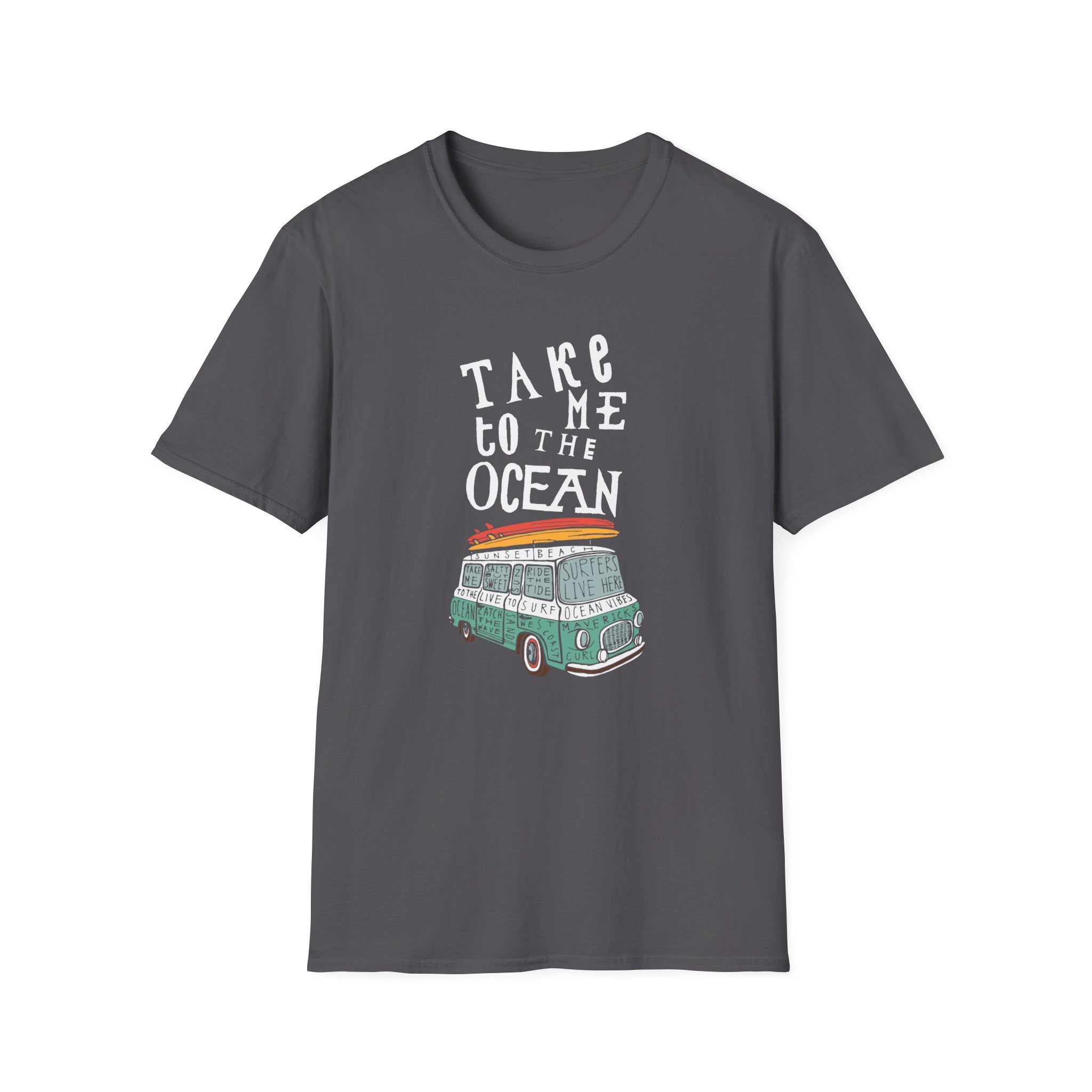 The Take Me to the Ocean T-Shirt, made from a soft cotton blend, showcases a vintage van graphic alongside the phrase "Take Me to the Ocean." Ideal for those who dream of waves and adventures.