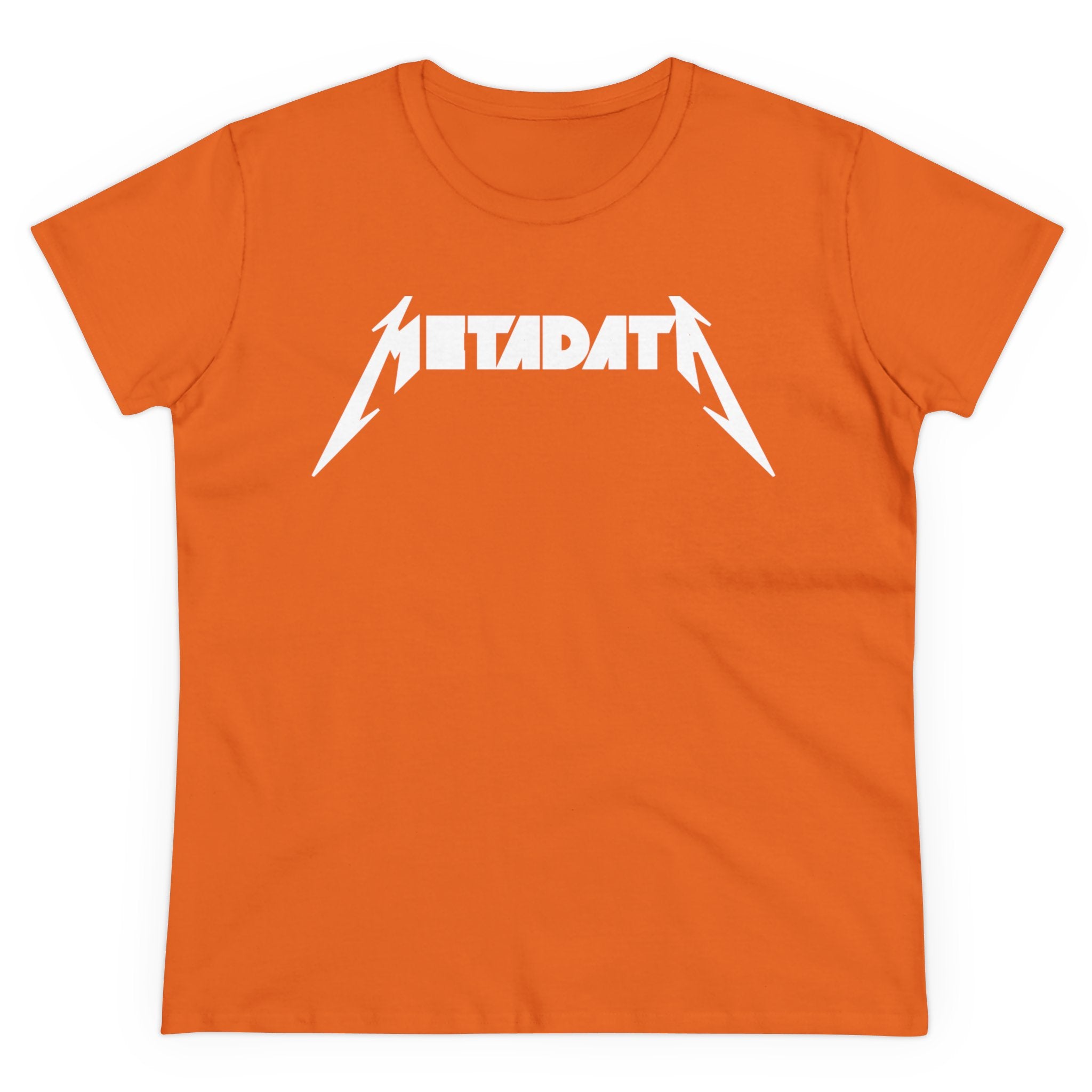 The Metadata - Women's Tee features a soft cotton fabric, a semi-fitted design, and an orange color with "Metadata" displayed in a stylized white font on the front.