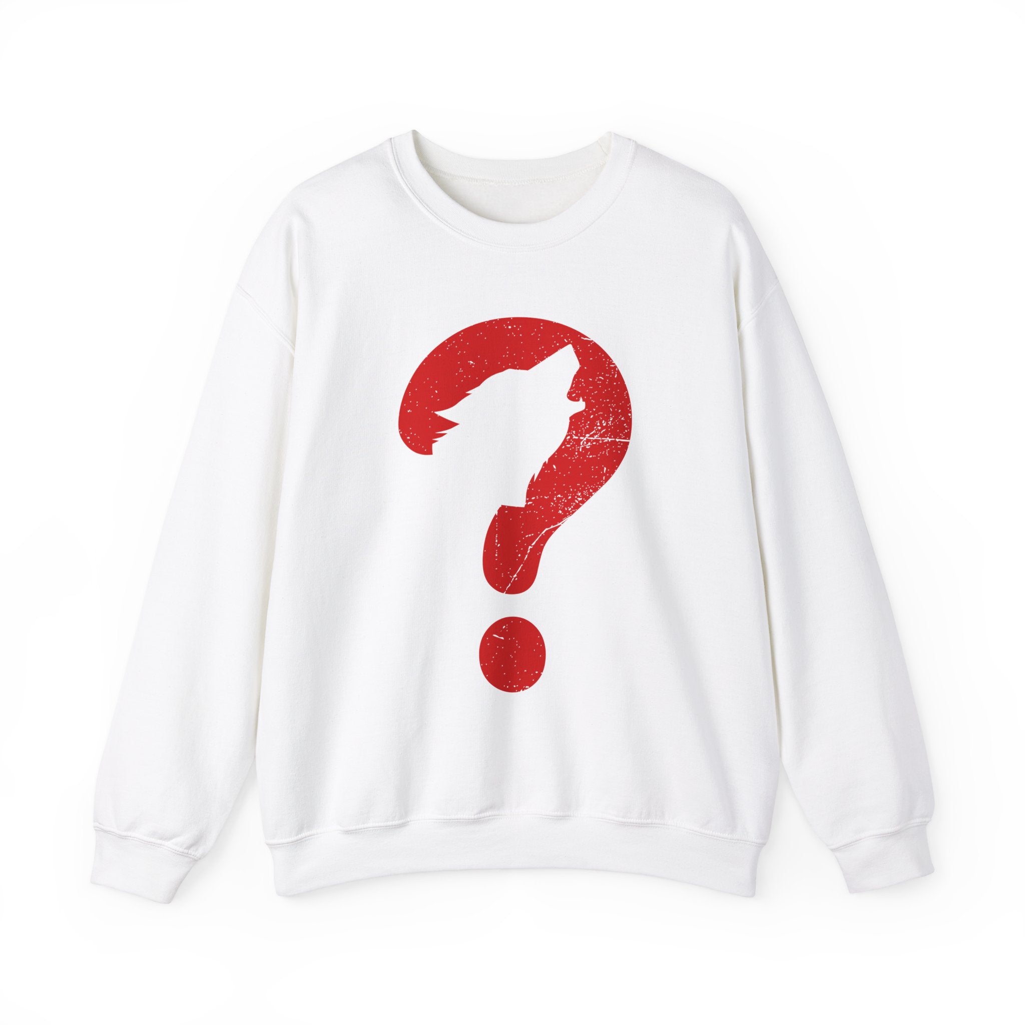 The "Wolf" sweatshirt is a white top featuring a red question mark with a wolf's silhouette, ideal for pop culture fans who enjoy subtle nerdy designs.