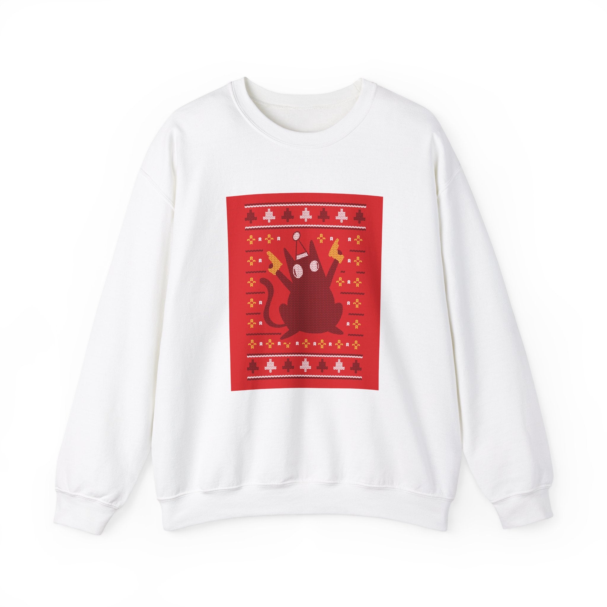 The Ugly Sweater Cat Sweatshirt is a white top with a red rectangular panel featuring a sitting cat and geometric patterns in yellow, white, and red—perfect for fans of nerd culture.