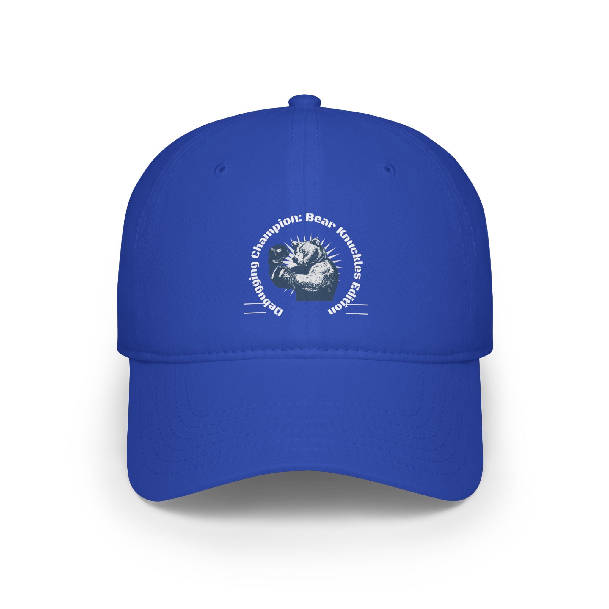 Blue "Debugging Champion" baseball cap featuring reinforced stitching and an embroidered bear logo encircled by the text "Dungeon Champion: Bear Hindquarters Extremity Escapism." Perfect for showcasing your coder prowess.