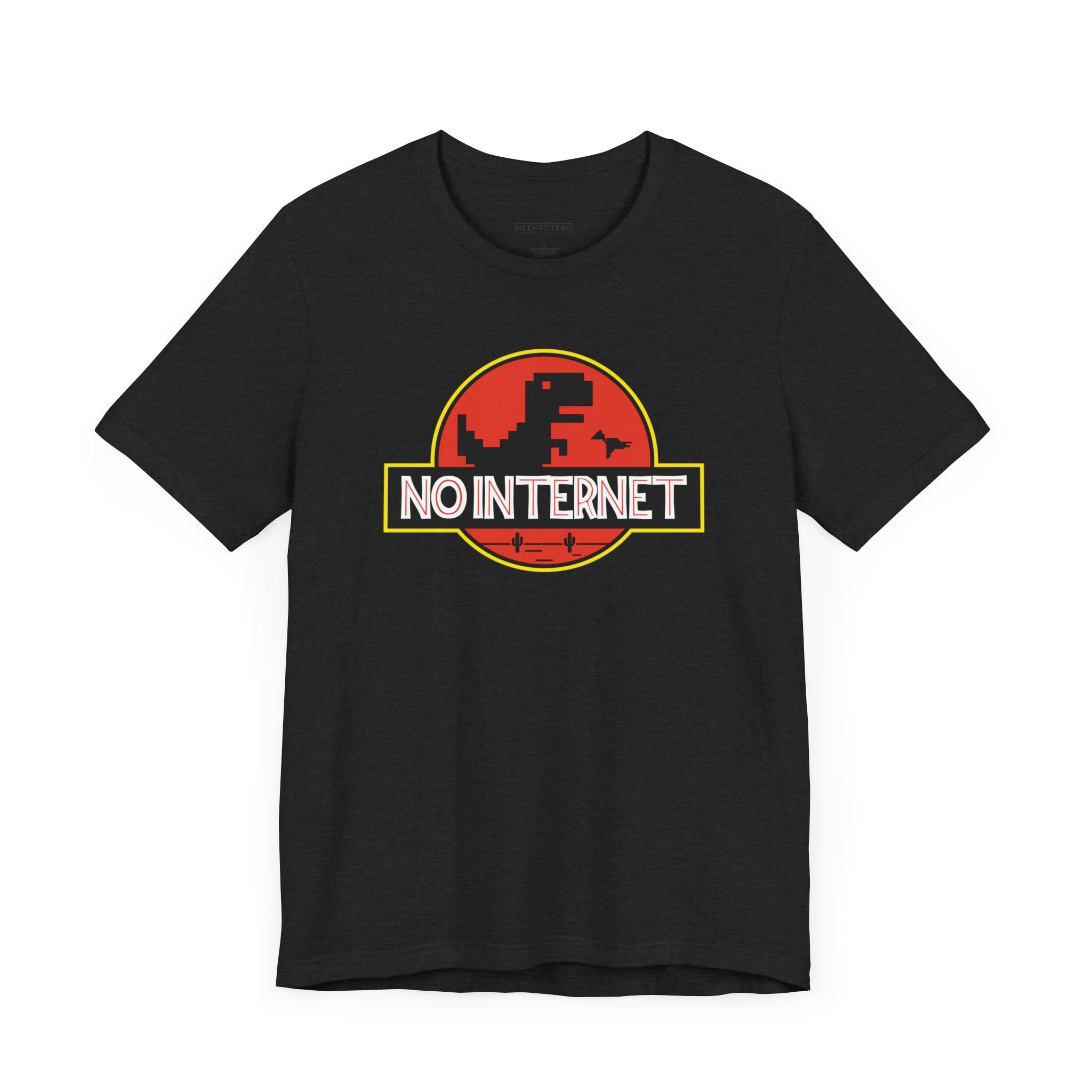 The "No Internet" T-shirt is a black tee that showcases a red dinosaur alongside bold text, cleverly parodying a logo.