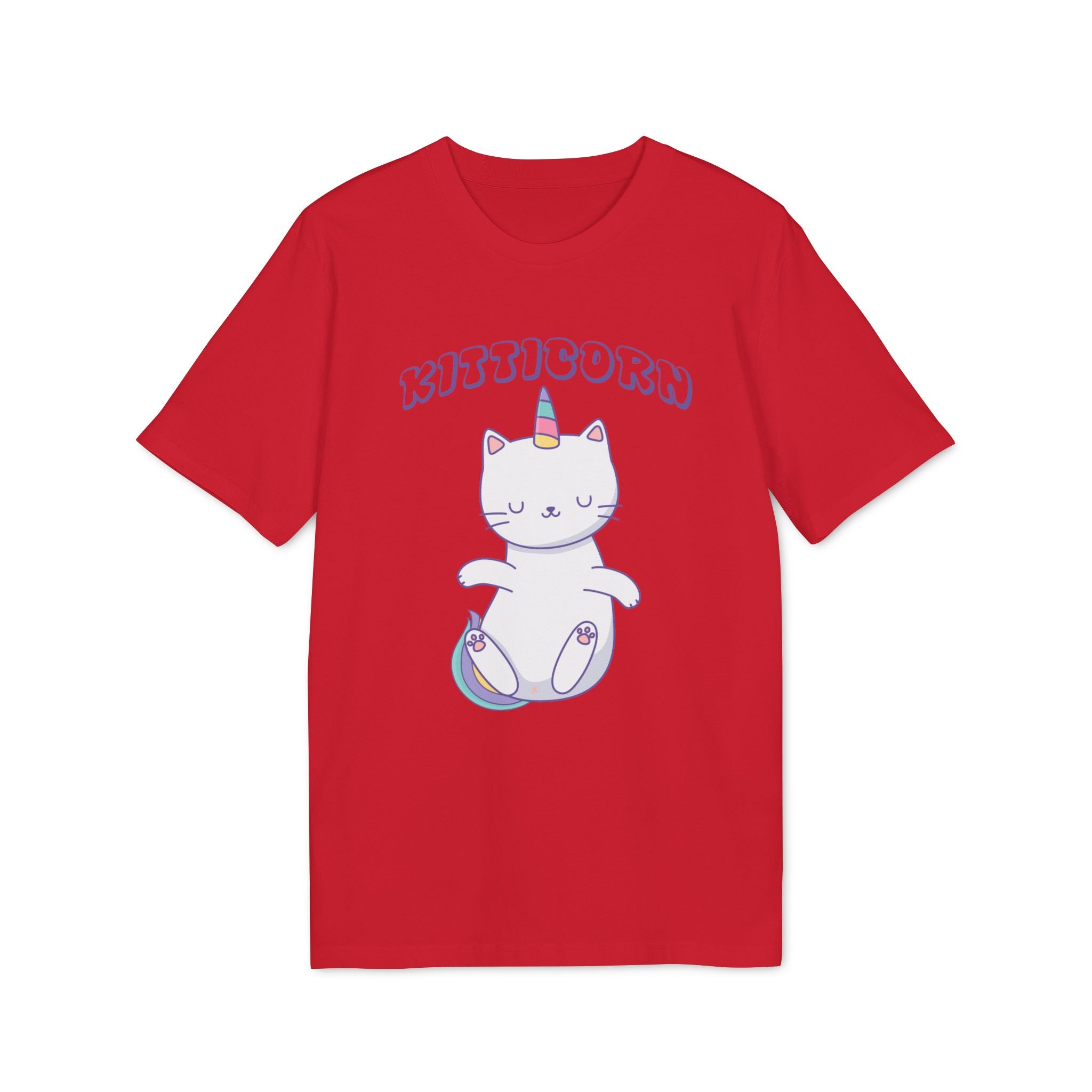 The Organic T-Shirt - Kitticorn Design features a red shirt with a cartoon cat sporting a unicorn horn and rainbow feet, plus "KITTICORN" above—an adorable gift for anyone who loves whimsical style.