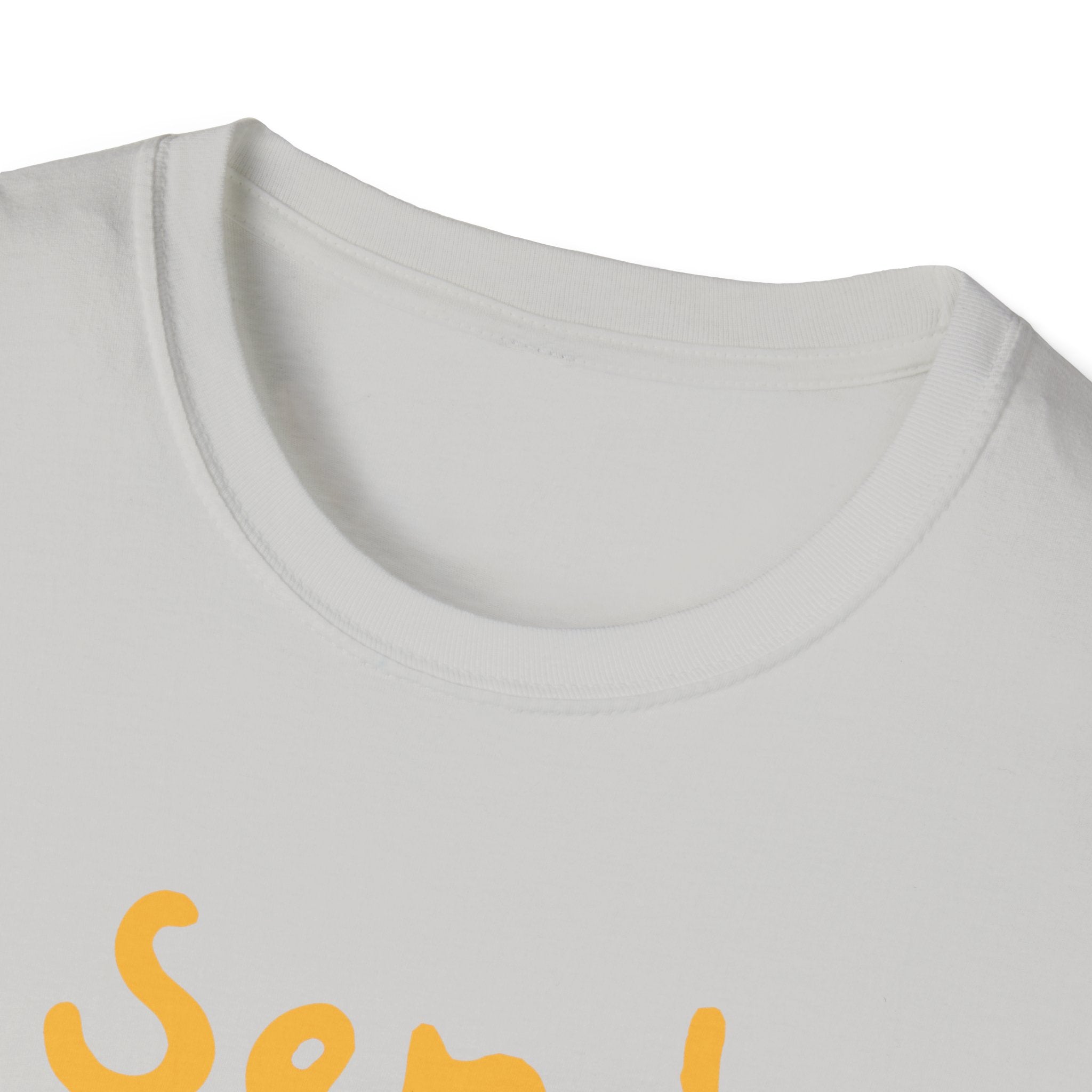 A close-up of the stylish collar on the Send Noods T-Shirt showcases part of a yellow printed design with the playful phrase, "Send Noods," visible along the lower edge.