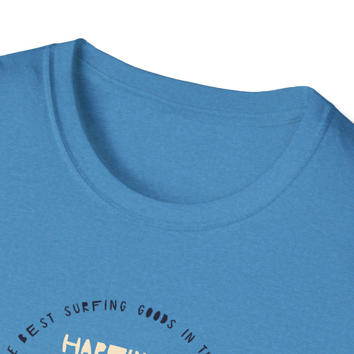 ‘Happiness Comes in Waves’ blue tee, close-up of collar, blank front, surfer gift idea