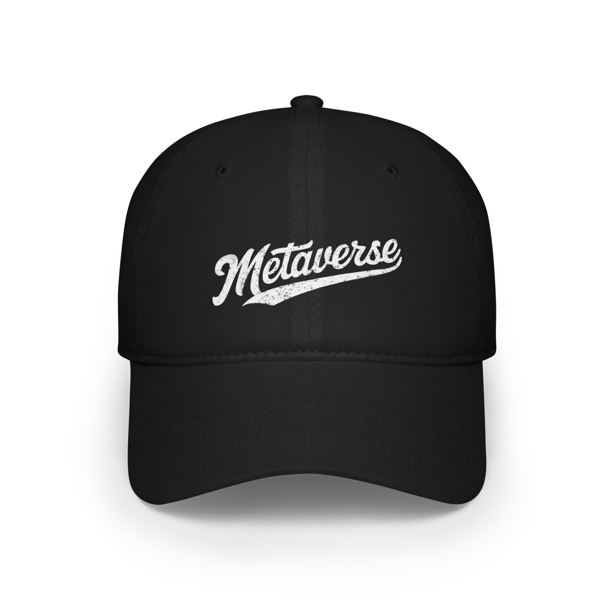 The Metaverse Hat is a black baseball cap embroidered with the word "Metaverse" in white cursive text on the front, featuring reinforced stitching for enhanced durability.