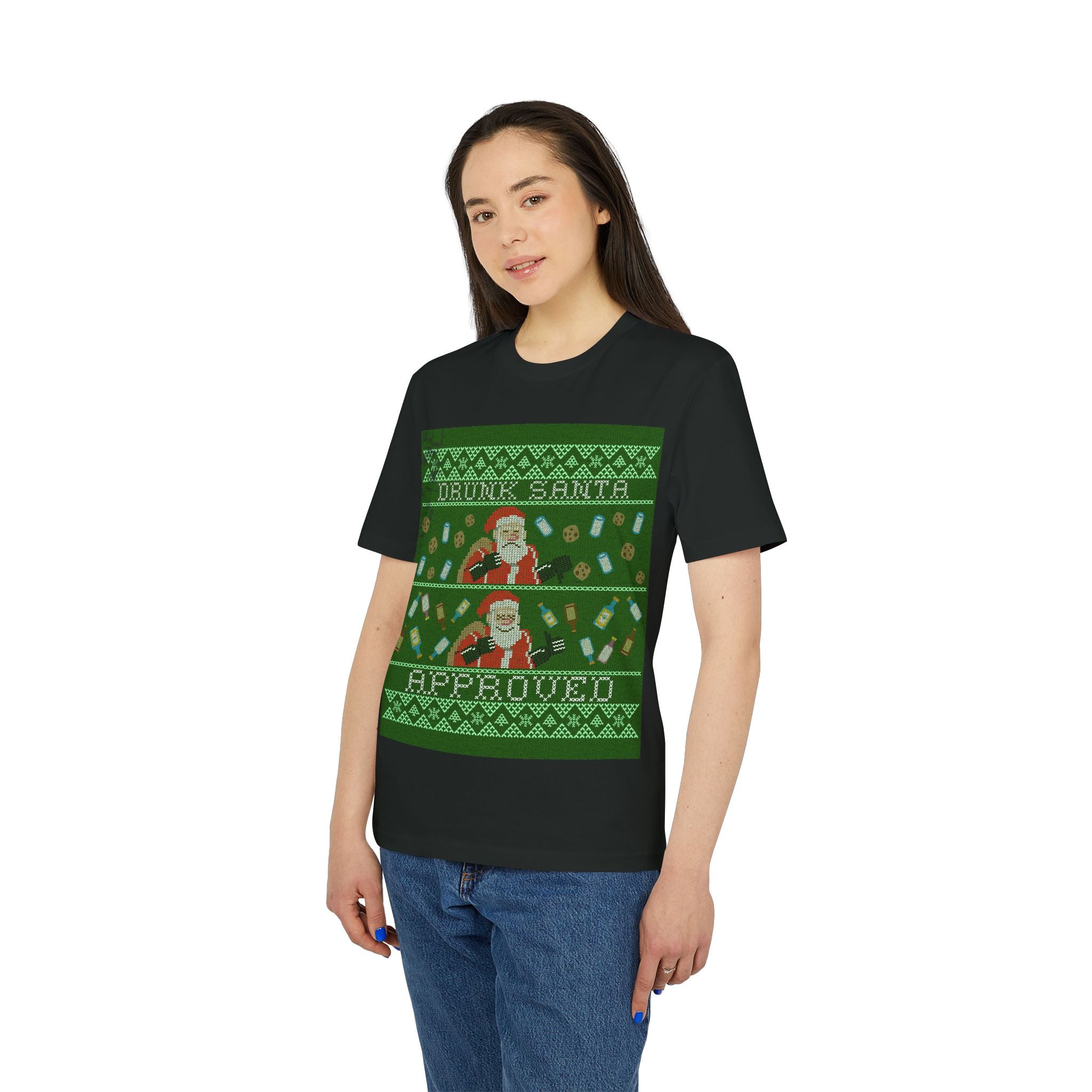 Woman wearing the Drunk Santa - Organic T-Shirt featuring a festive "Drunk Santa Approved" design with Santa, bottles, and holiday patterns—perfect for code ninjas.