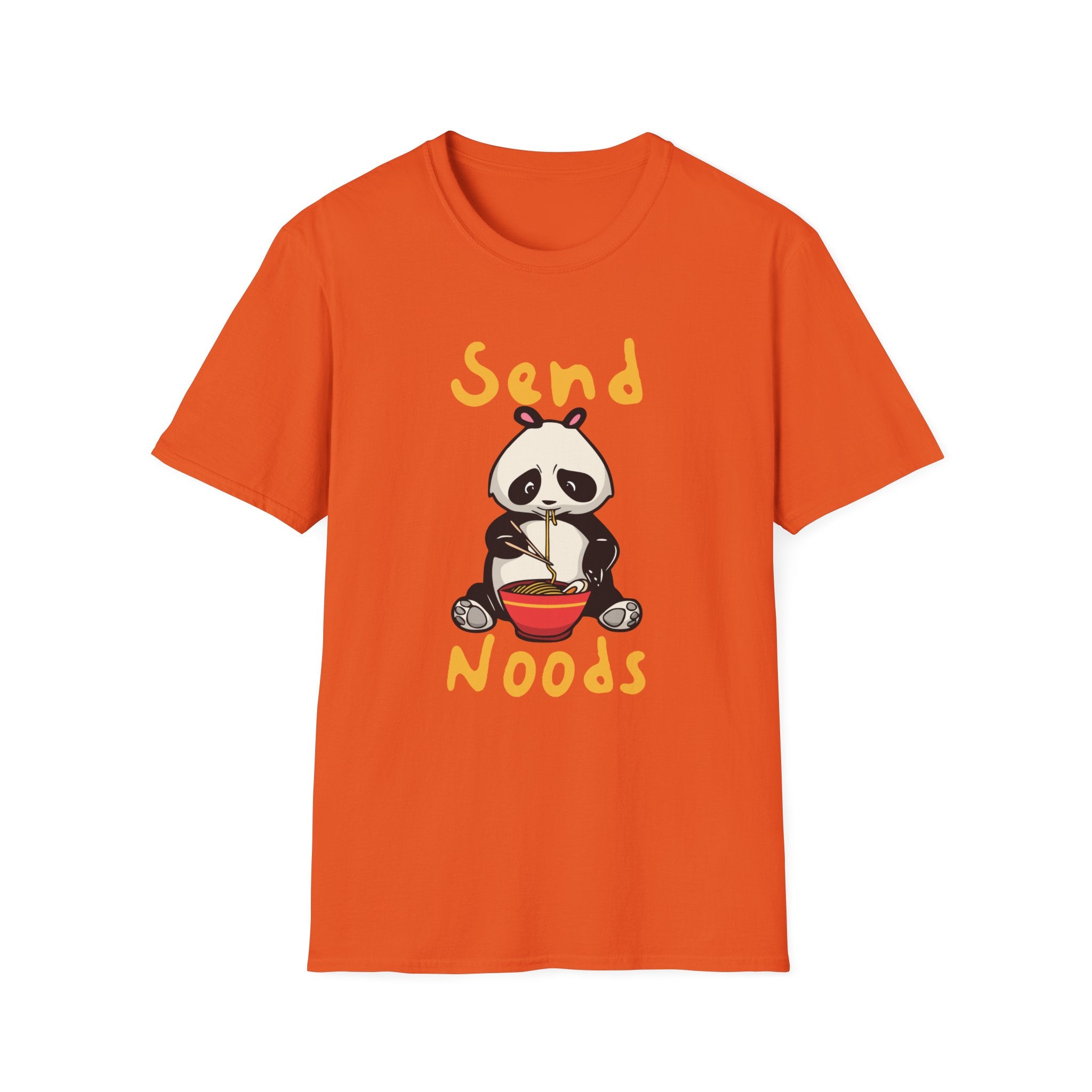 The Send Noods T-Shirt is an orange tee that showcases a cartoon panda eating noodles, complete with the humorous phrase "Send Noods" and a trendy design.