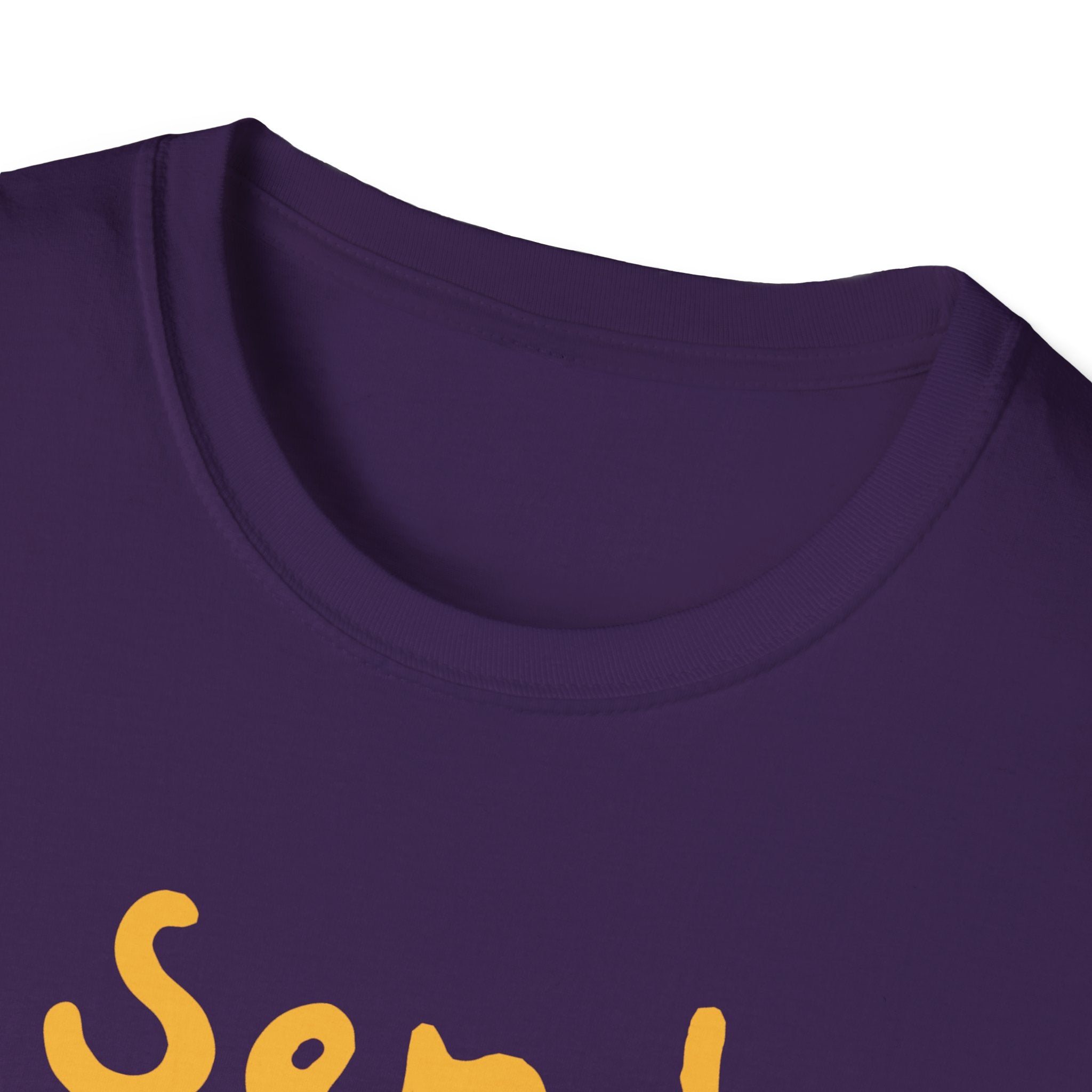Close-up of the Send Noods T-Shirt in purple, showcasing a trendy, fashionable fit with partial yellow text and a humorous phrase.