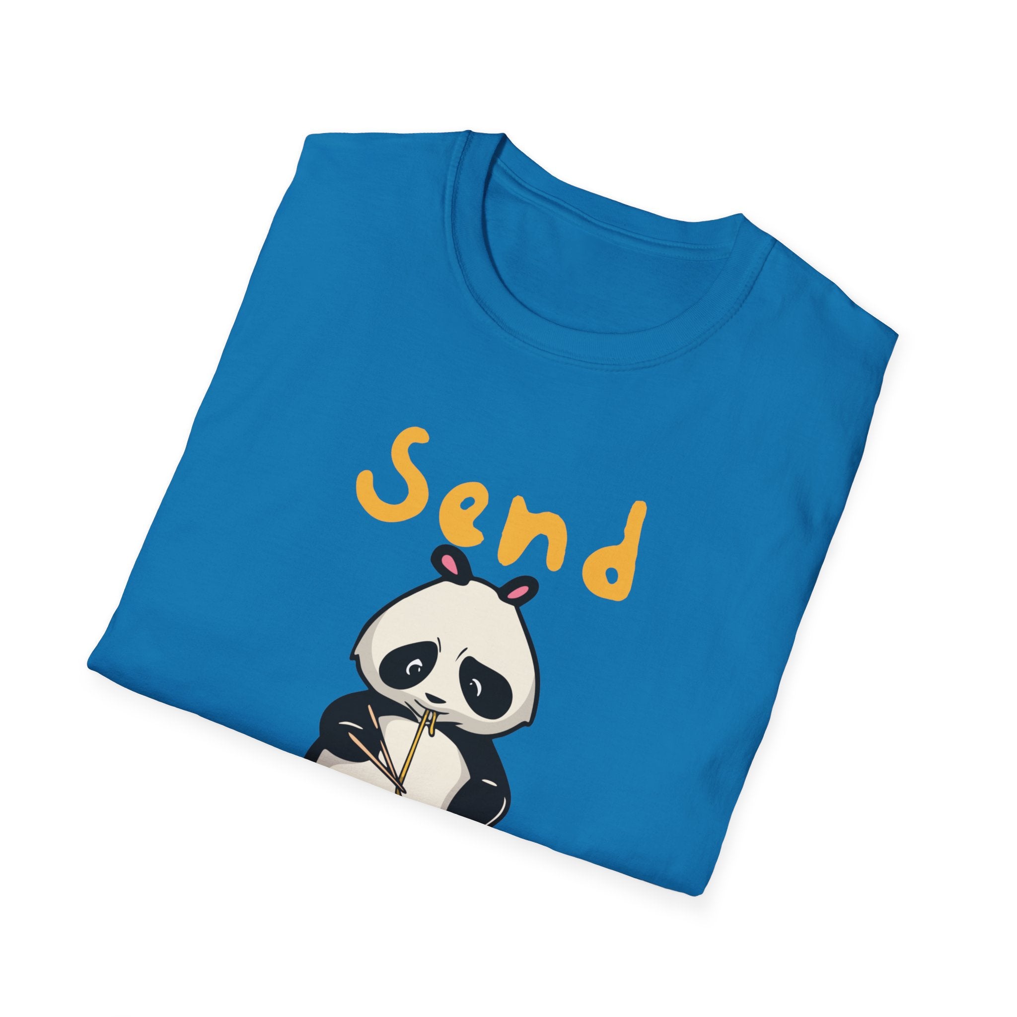 A folded blue T-shirt showcases a cartoon panda holding a smartphone, along with the humorous phrase "Send Noods T-Shirt" above it, providing a stylish fit.