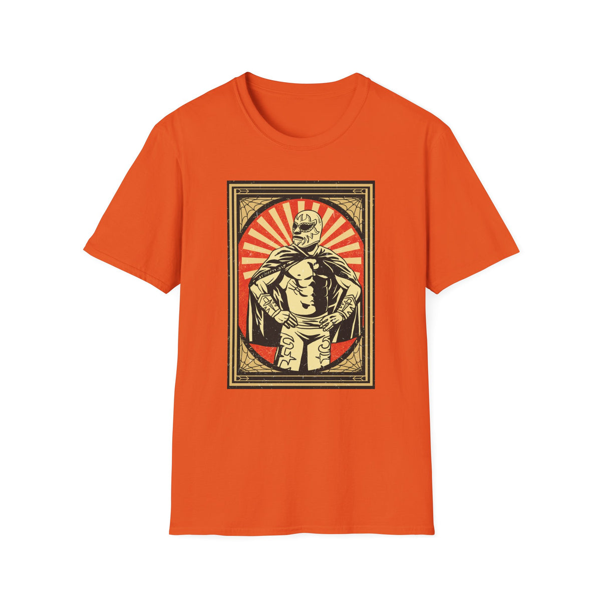 'Mexican Wrestler' retro poster t-shirt in orange, flat lay front print visible, funny lucha libre gift