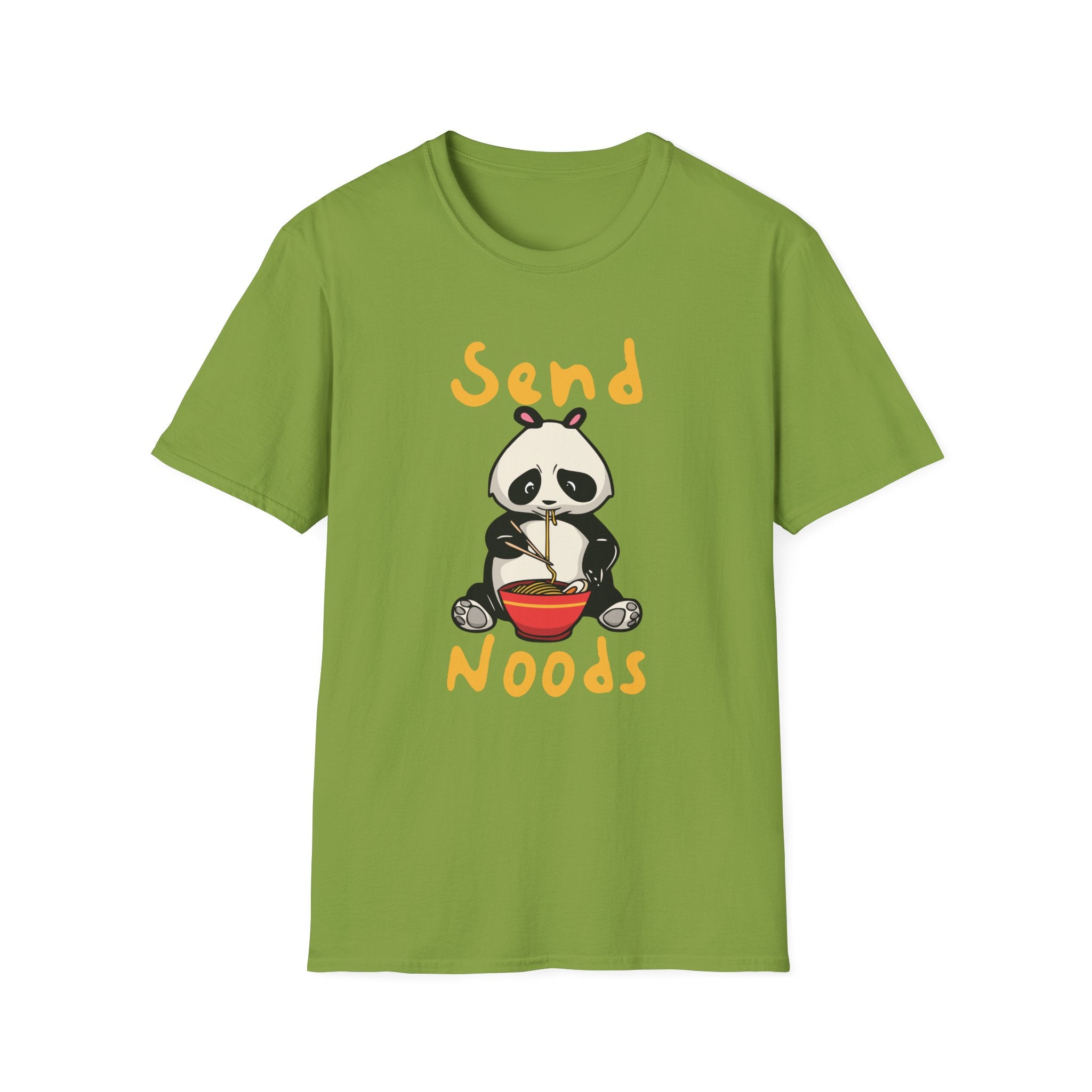The Send Noods T-Shirt is a stylish green garment showcasing a cartoon panda delighting in noodles, accompanied by the humorous text "Send Noods.