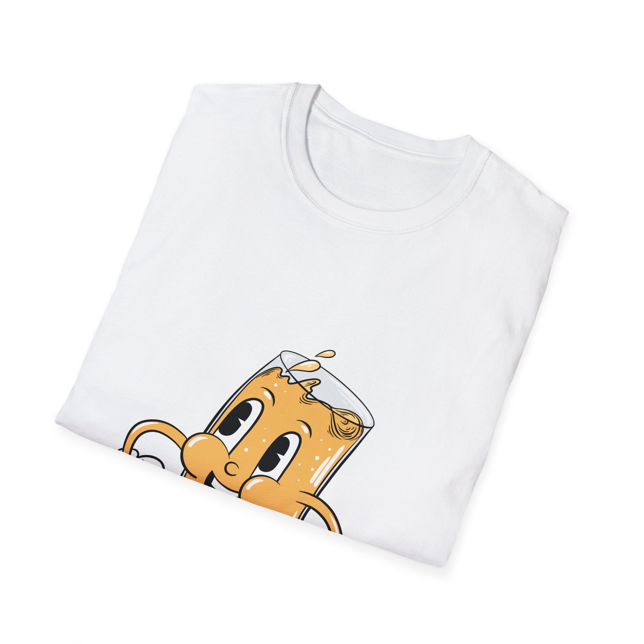 White t-shirt folded, showcasing the "Cartoon Beer" design featuring a beer glass with a smiling face and suds on top.