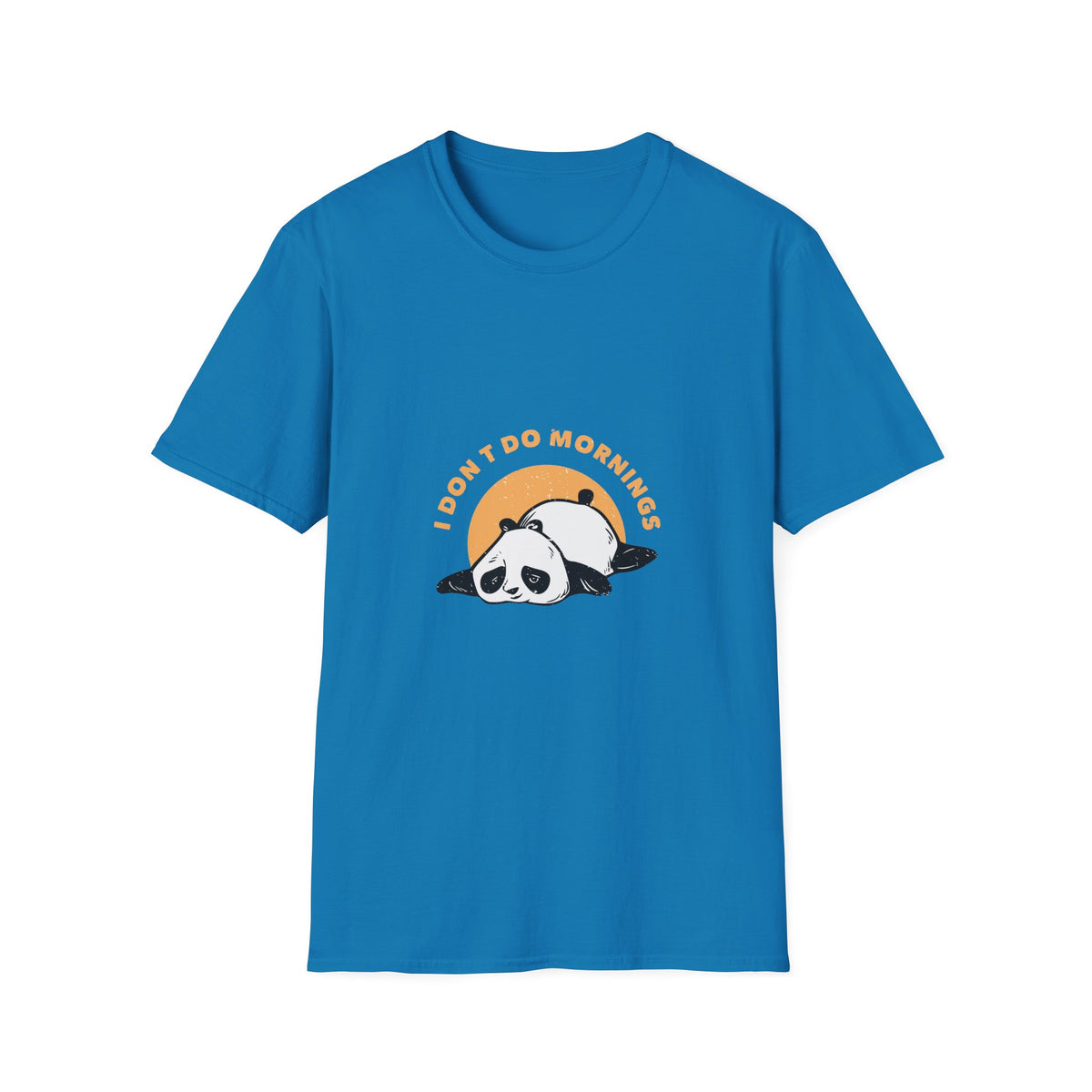 'I Don't Do Mornings' sleepy panda t-shirt in sapphire blue, funny gift for tired coffee lovers