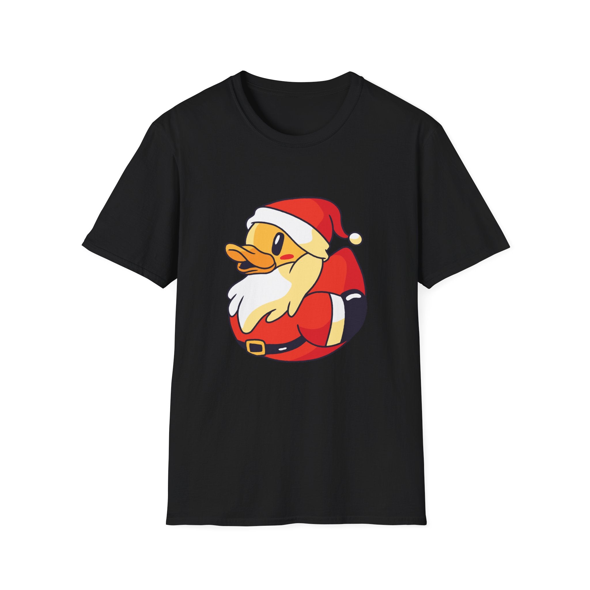 The Santa Duck T-Shirt features a cartoon duck dressed as Santa with a red hat and white beard, ideal for geeky festivities.