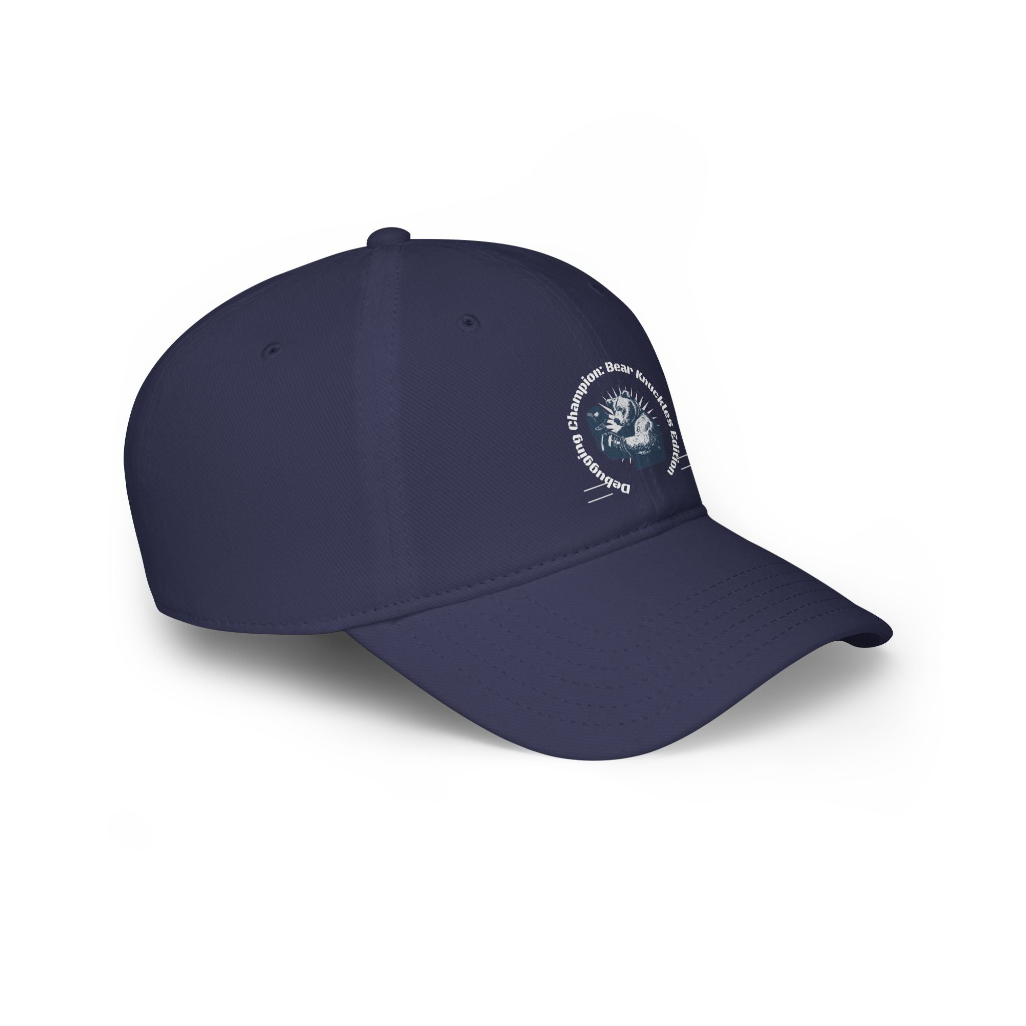 The Debugging Champion - Hat in navy blue features a small white logo and text on the front left panel, proudly displaying your coding expertise. It includes ventilation holes, a curved brim, and reinforced stitching for lasting durability.