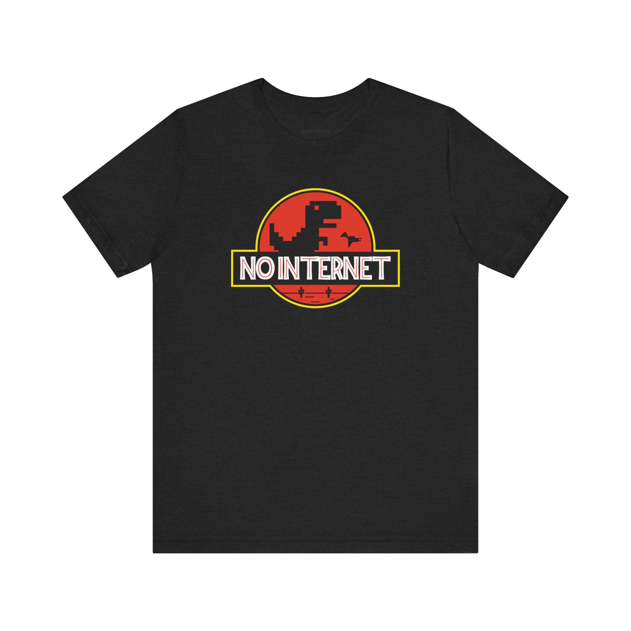 The No Internet T-Shirt is a black tee with a dinosaur design and "No Internet" text, styled like an iconic movie logo—ideal for tech enthusiasts celebrating digital independence.