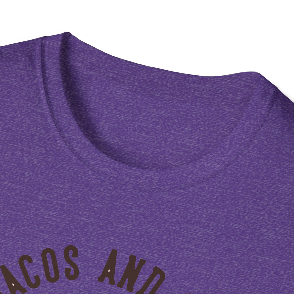 Close-up of 'Feed Me Tacos and Tell Me I'm Pretty' t-shirt text in heather purple, funny taco tee