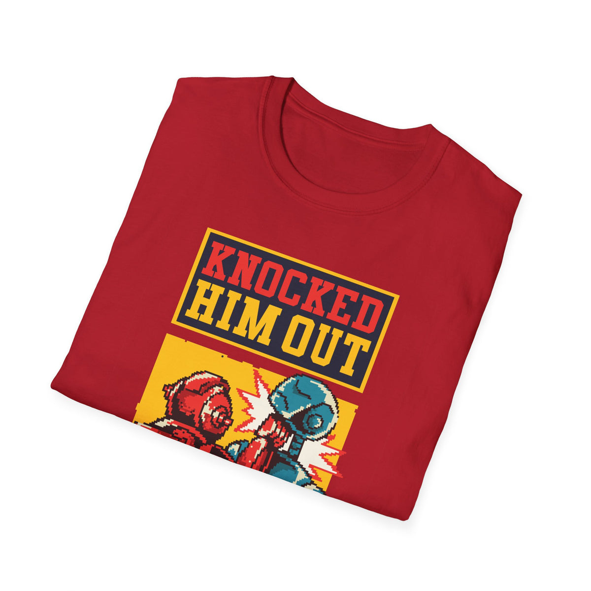 "Knocked Him Out" robot boxing t-shirt in cherry red, folded flat lay showing print, funny gamer gift