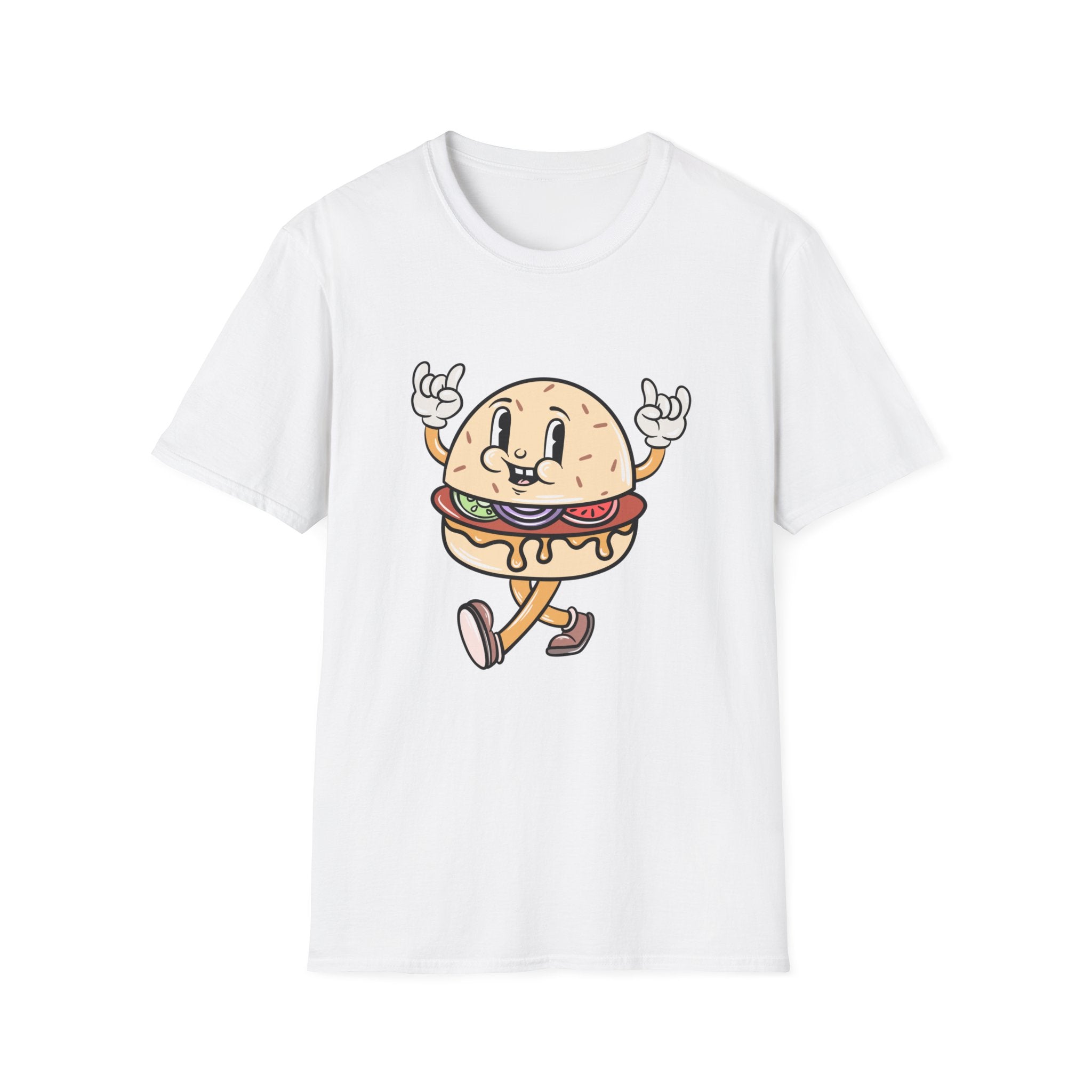 The Burger Cartoon White T-Shirt showcases a playful character with a burger theme, complete with facial features, sneakers, and animated hand gestures. Ideal for fans of cartoons and food alike.