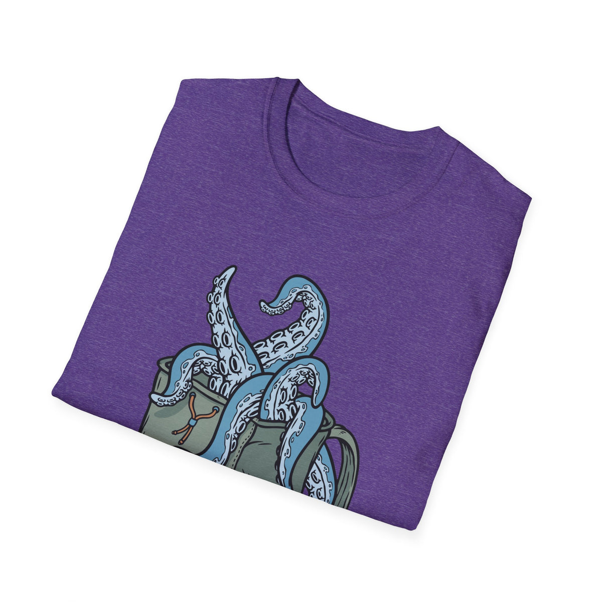'Octopus Comes Out of the Bag' t-shirt in heather purple, folded flat lay, funny gift for campers