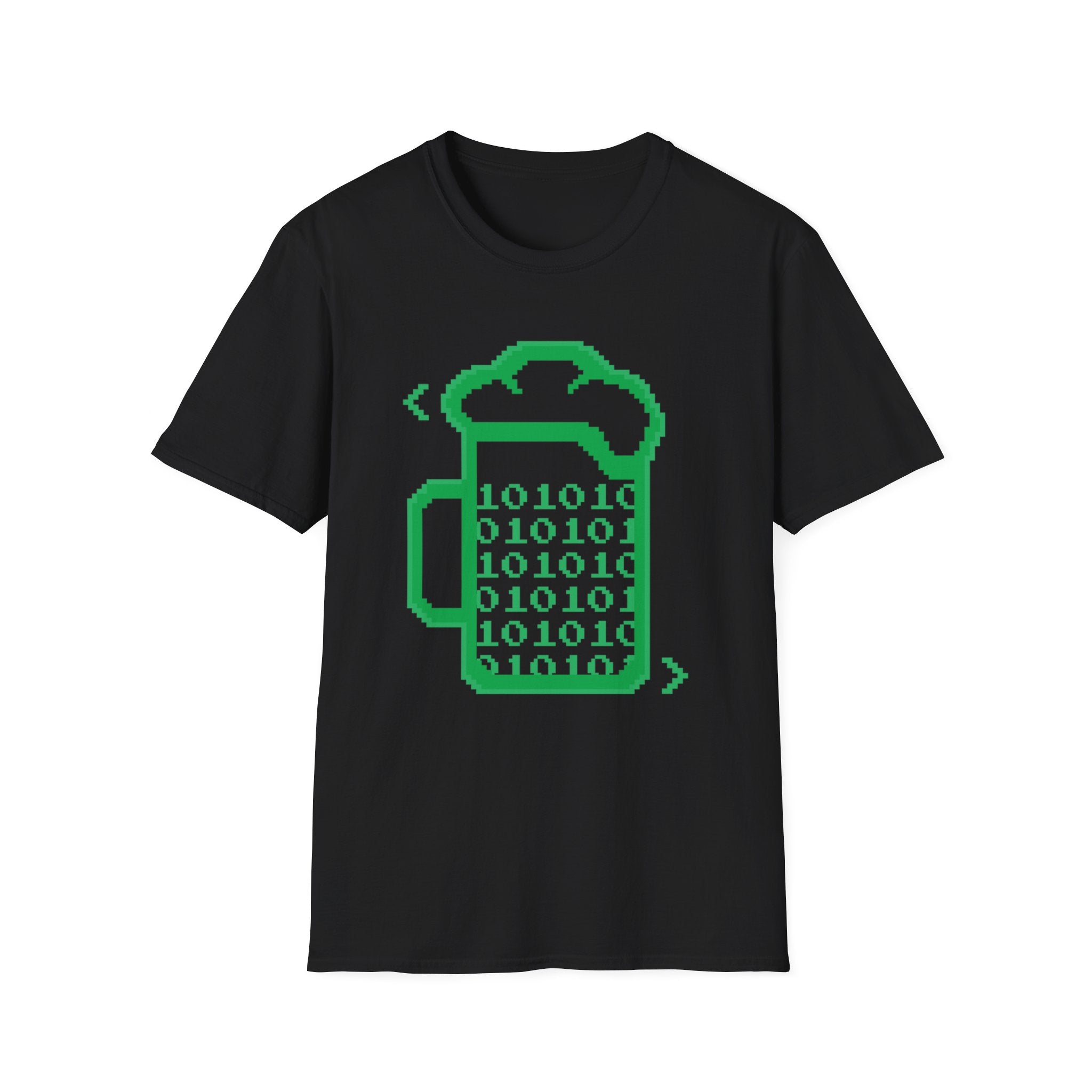 This is How I Love to Code T-Shirt—black tee with a pixel art beer mug filled with green binary code, perfect coder or programmer apparel.