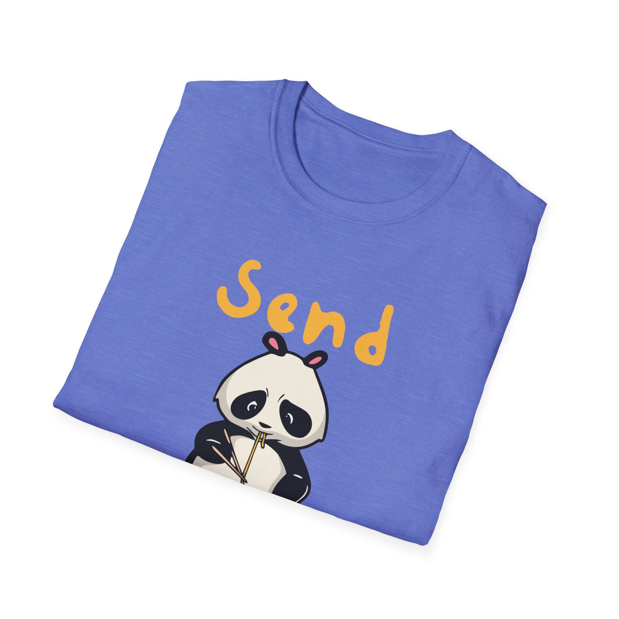 A fashionable Send Noods T-Shirt in blue, showcasing a cartoon panda along with the humorous phrase "Send Noods," perfect for any casual event.