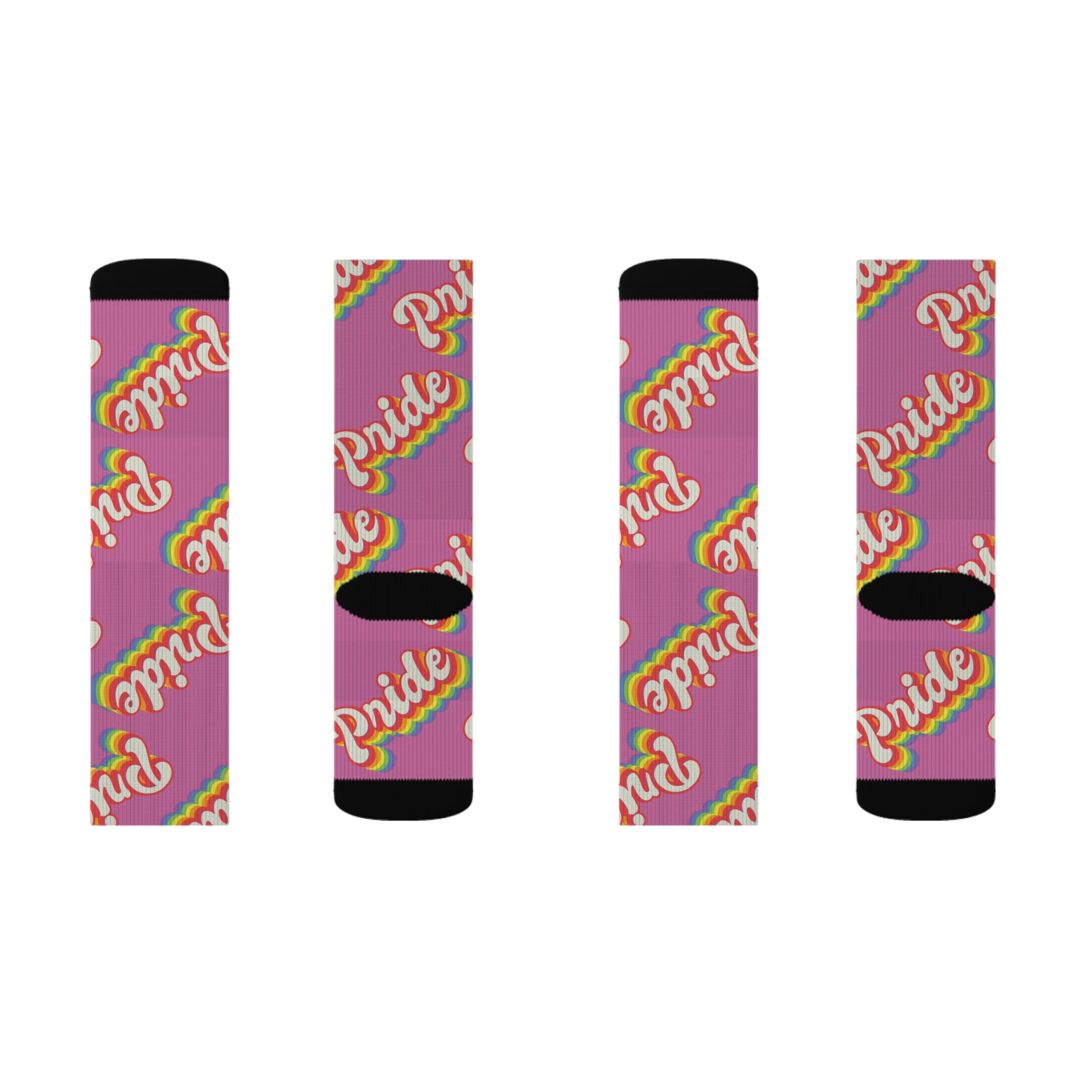 Experience ultimate comfort with our high-quality Pride Socks, showcasing vibrant rainbow designs and cushioned bottoms. Make a bold and supportive statement with this set of four pink sublimated print socks.