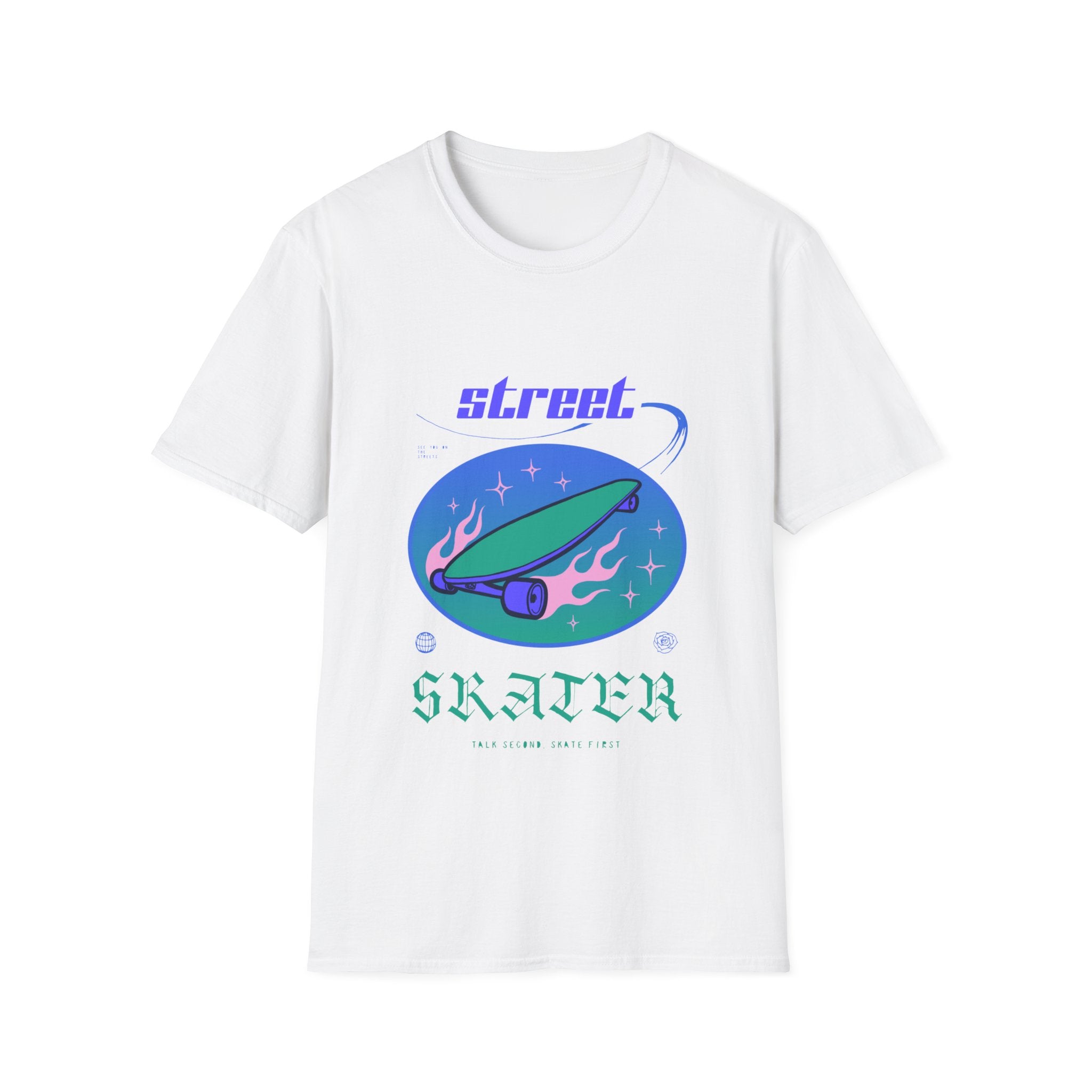 Introducing the Street Skater T-Shirt: a white tee made from lightweight fabric, highlighted by a fiery skateboard graphic. Stylish fonts display the word "street" above and "skater" below, making it ideal for showing off your skating skills.
