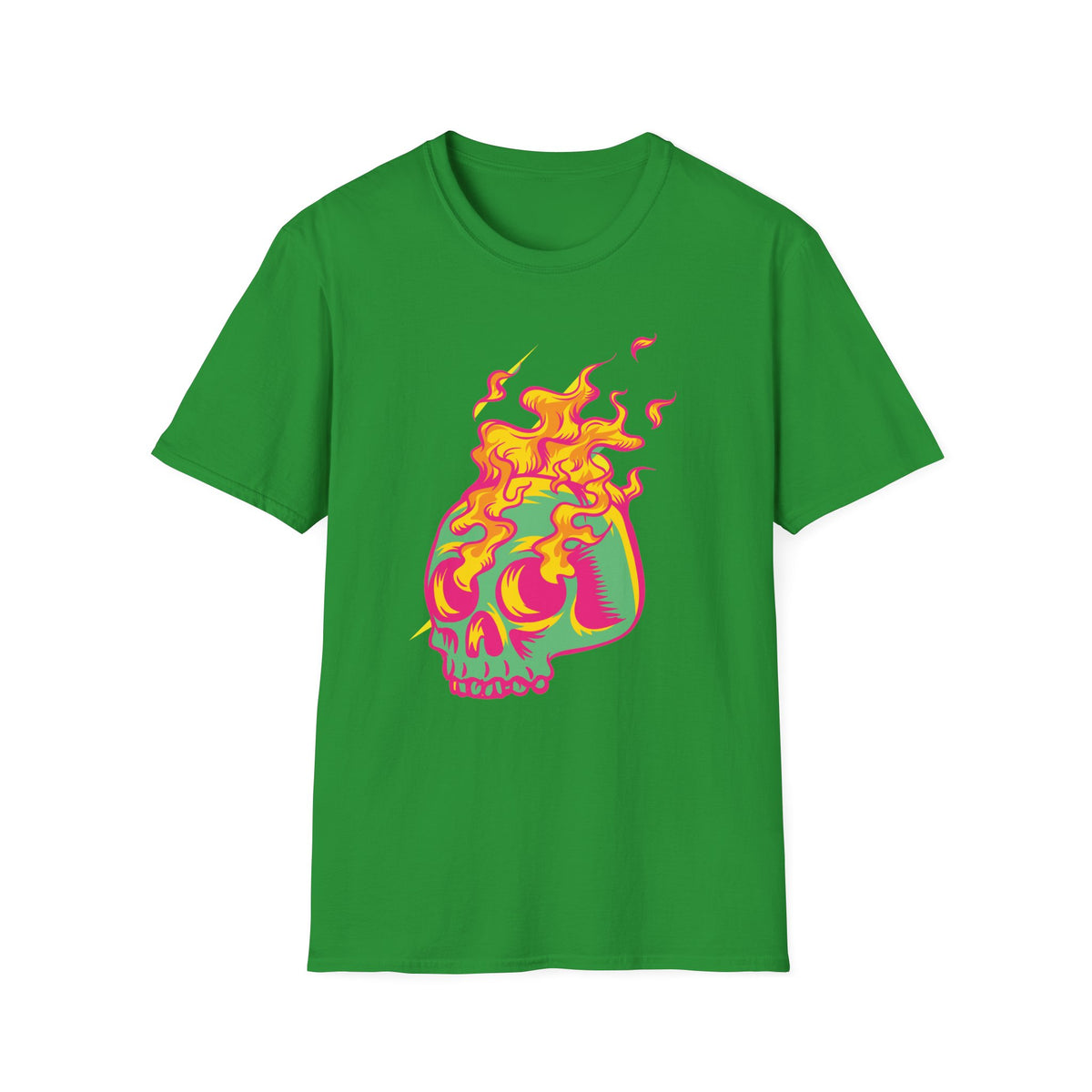 'Skull in Flames' psychedelic skull t-shirt in Irish green, flat lay front print visible, funny gothic pop art shirt