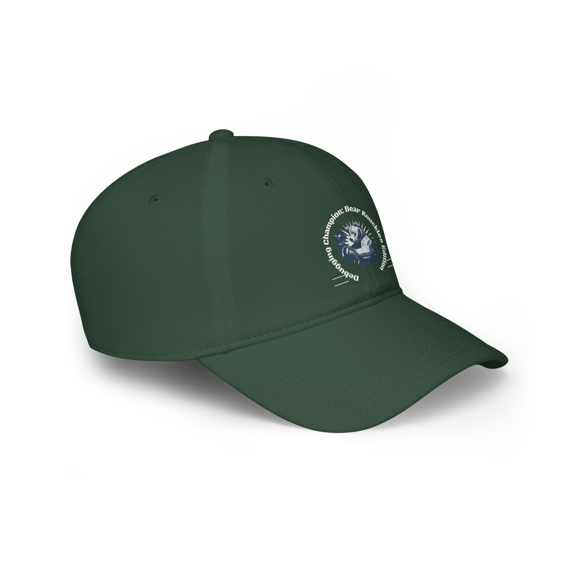 Green Debugging Champion - Hat with reinforced stitching, featuring the embroidered text "Managing challenging times and staying positive" surrounding an image of two hands holding a globe.