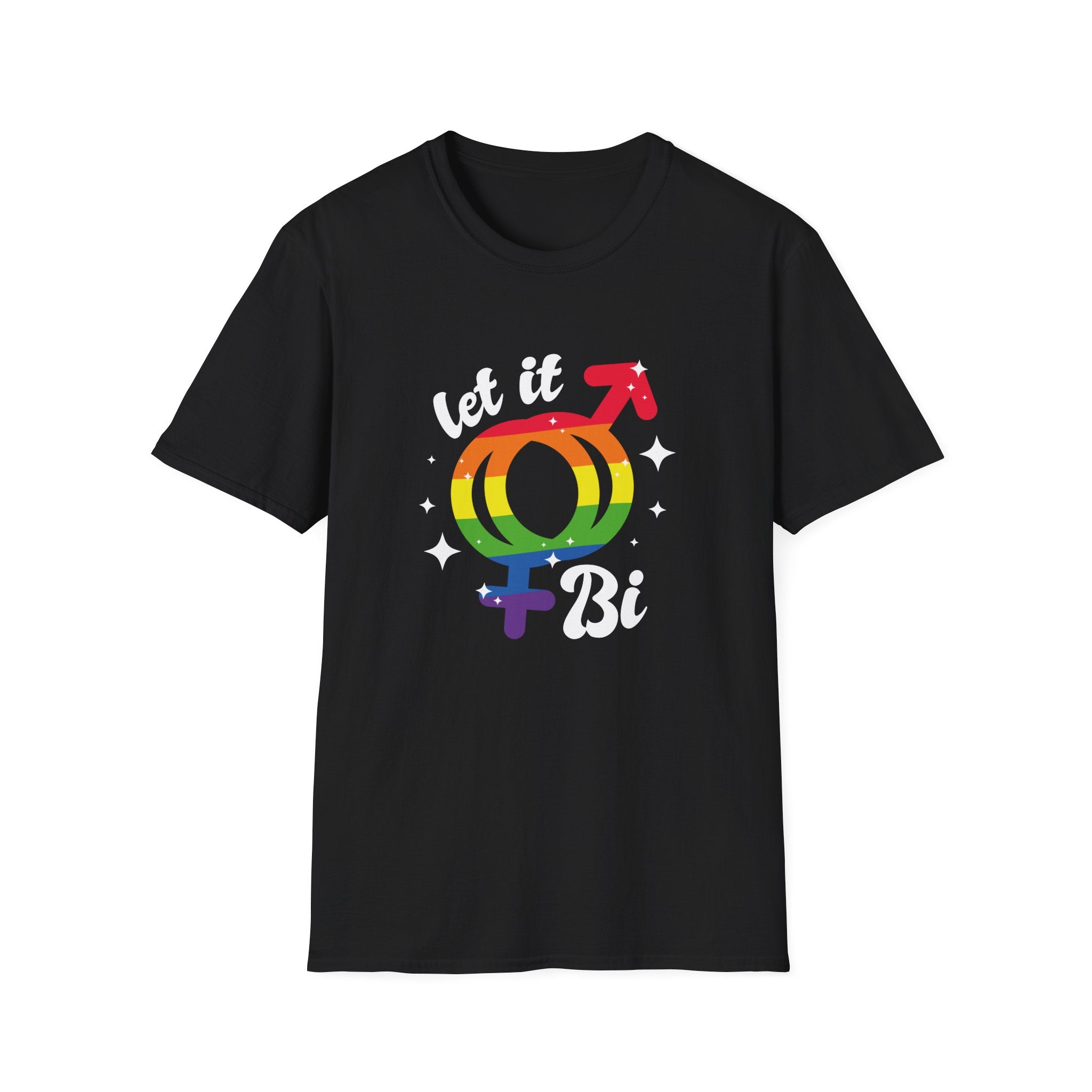 Celebrate your bi-curious identity with the Black Let it Bi T-Shirt, showcasing rainbow-colored gender symbols adorned with small white stars, ideal for bi flag representation.